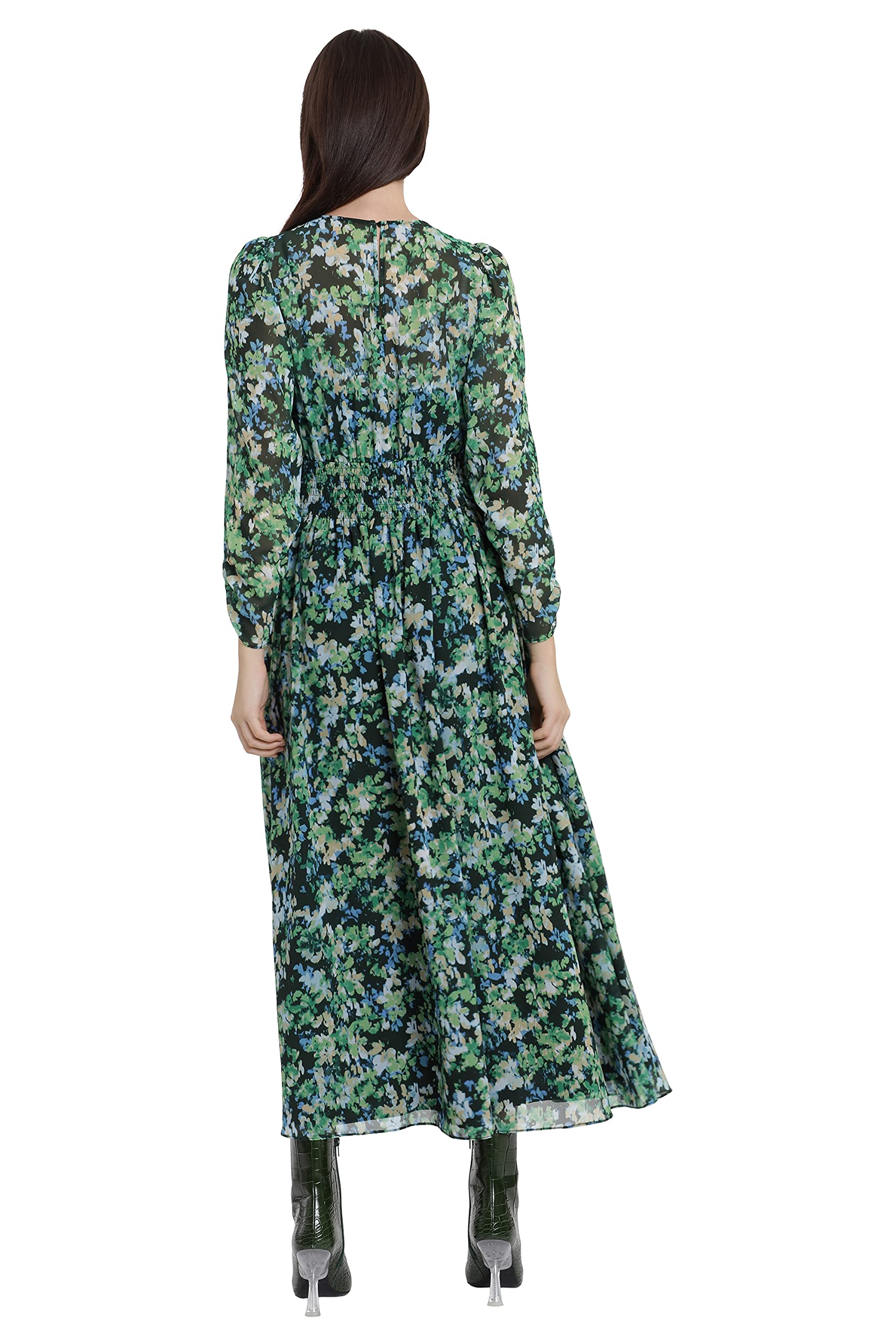 Maggy London Women's Front Keyhole Smocked Waist Midi Dress - Elegant Floral Print Summer Dress for Cocktail Parties, Weddings & Office Wear