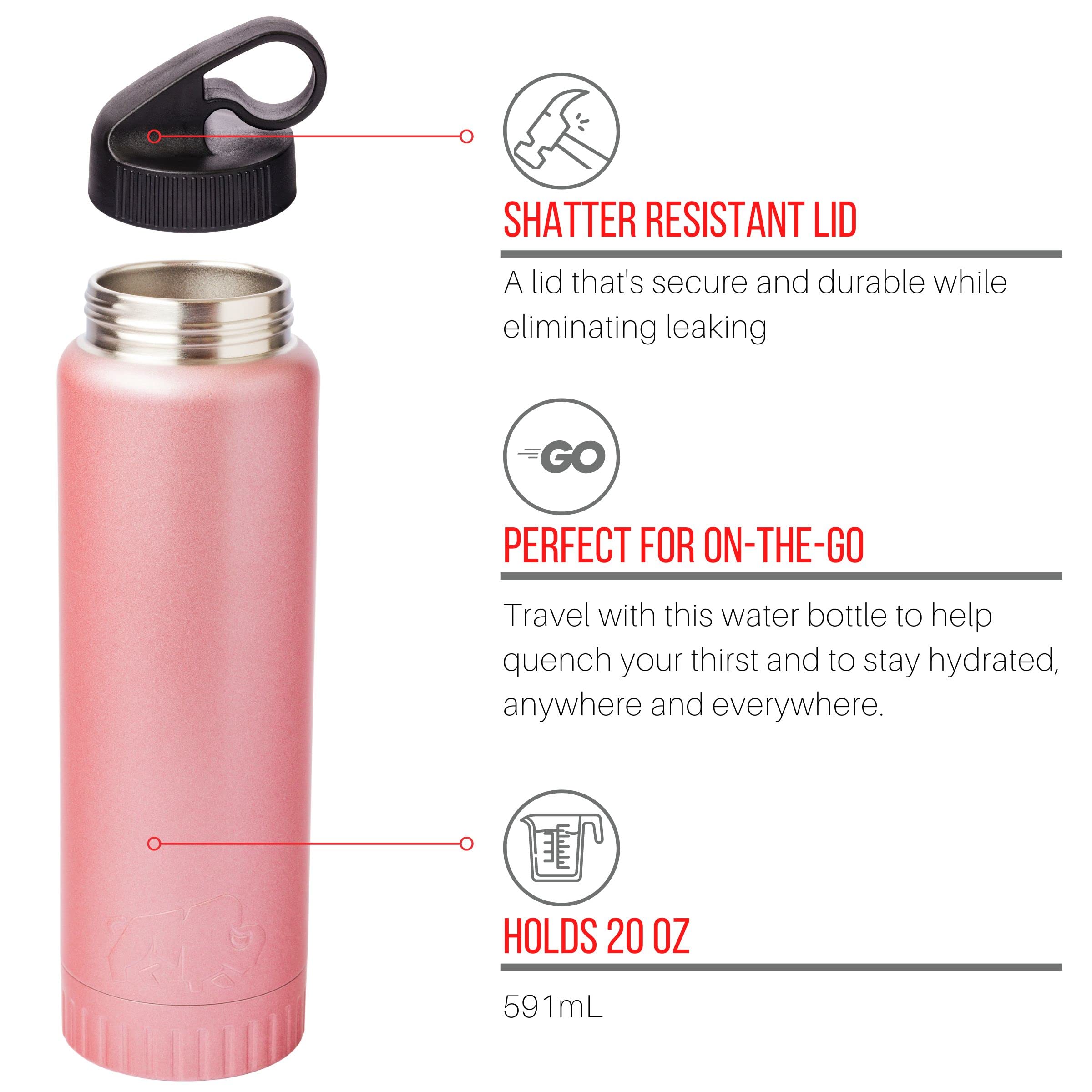 Premium 20oz Rose Gold Stainless Steel Water Bottle - Double Walled Vacuum Insulated, Leak Proof & Sweat Free - Ideal for Gym, Hiking, Office & Outdoor Activities