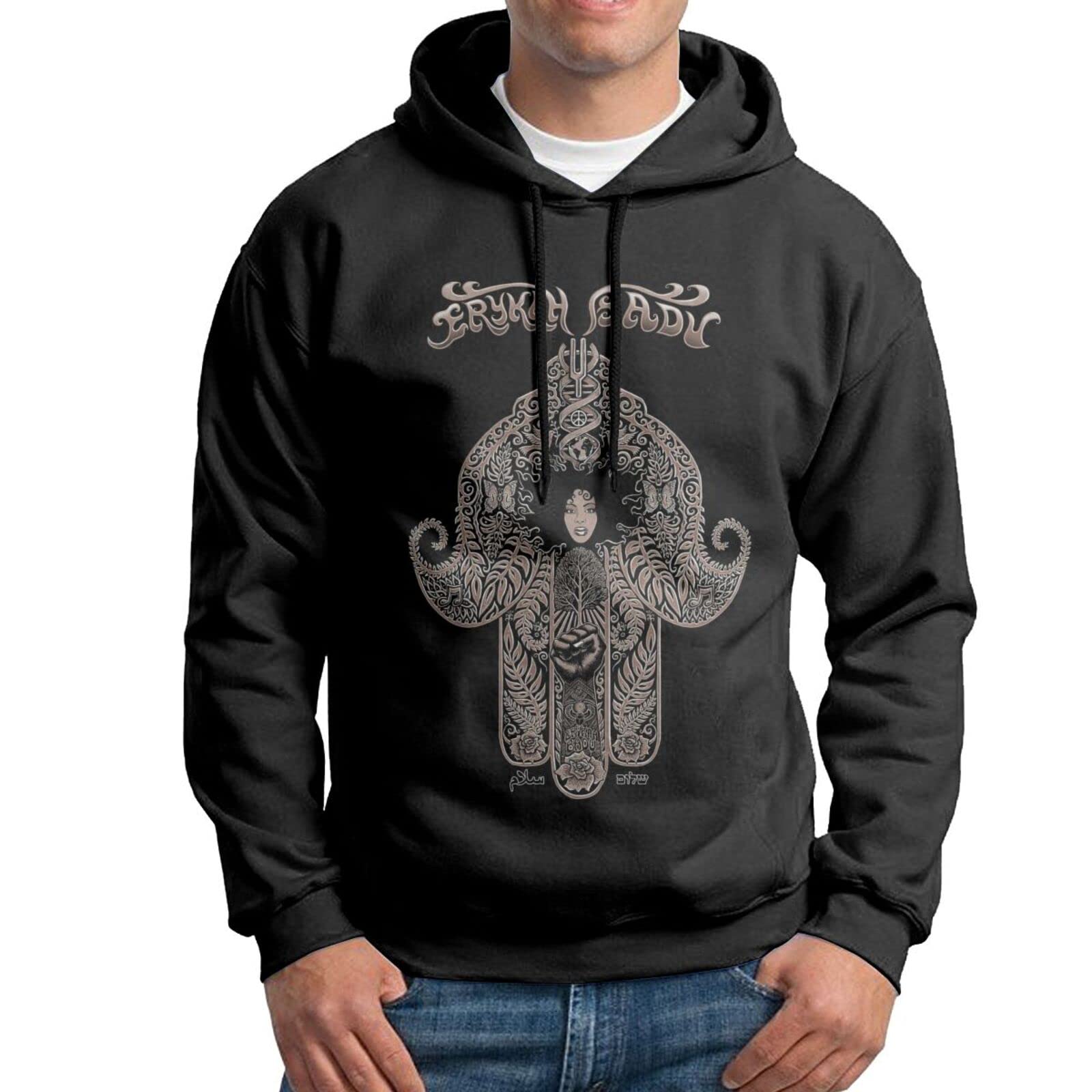 DHJANECT Men's Long Sleeve Hooded Sweatshirt - American Singer Erykah Badu Inspired Pullover Hoodie with Drawstring, Ever Fading Design, Big & Tall Size X-Large Black - Perfect for Casual Wear, Street Style & Music Lovers