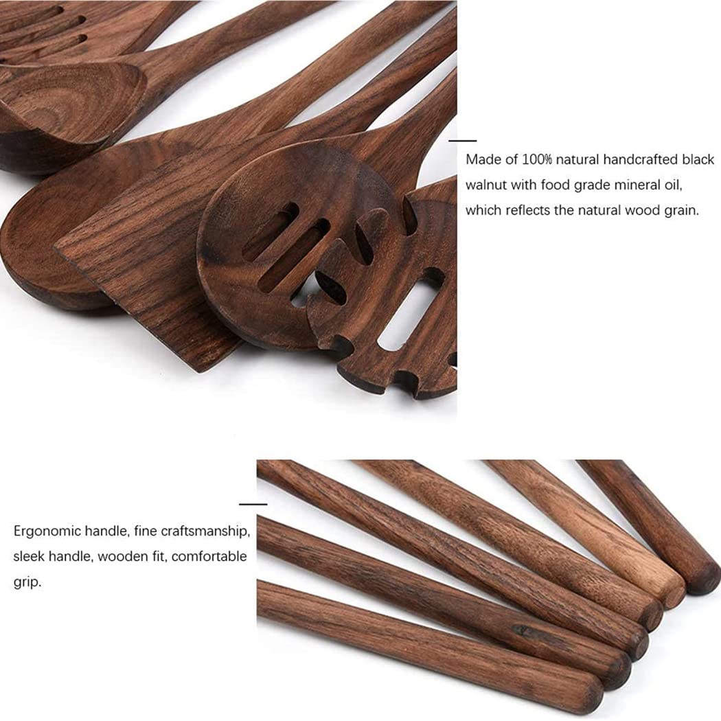 Premium Black Walnut Kitchen Utensils Set - Handcrafted Natural Wooden Spoons, Slotted Spoon, Spaghetti Server & Spatula for Cooking, Baking & Serving | Eco-Friendly Wooden Utensils for Professional Chefs & Home Cooks | Perfect for Pasta, Salad, Soups & Everyday Cooking
