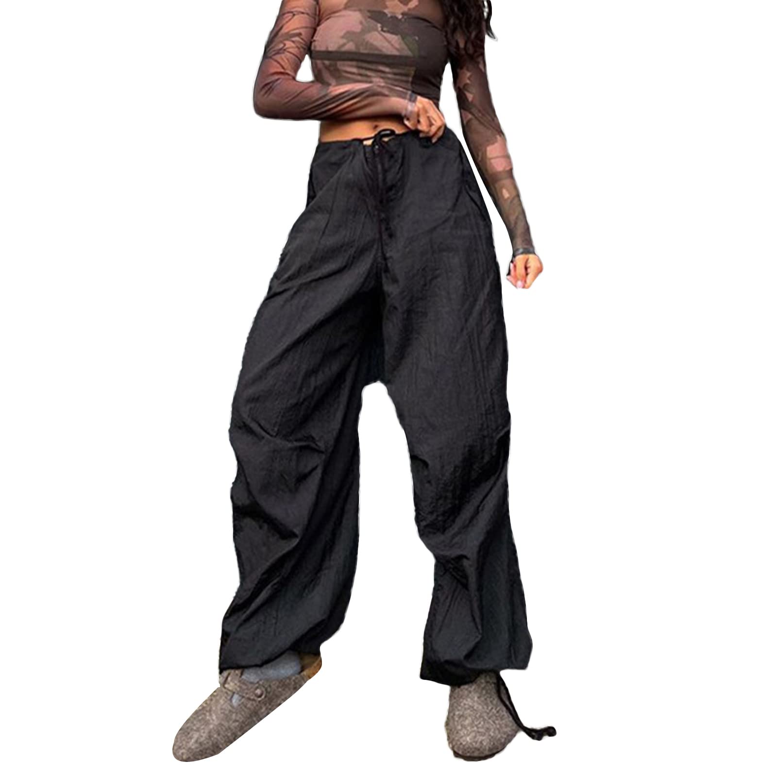 Women's Cargo Pants Baggy Wide Leg Straight Punk Grunge Joggers - 90s Hip Hop Aesthetic Low Waist Drawstring Pants for Streetwear, Casual & Outdoor Activities