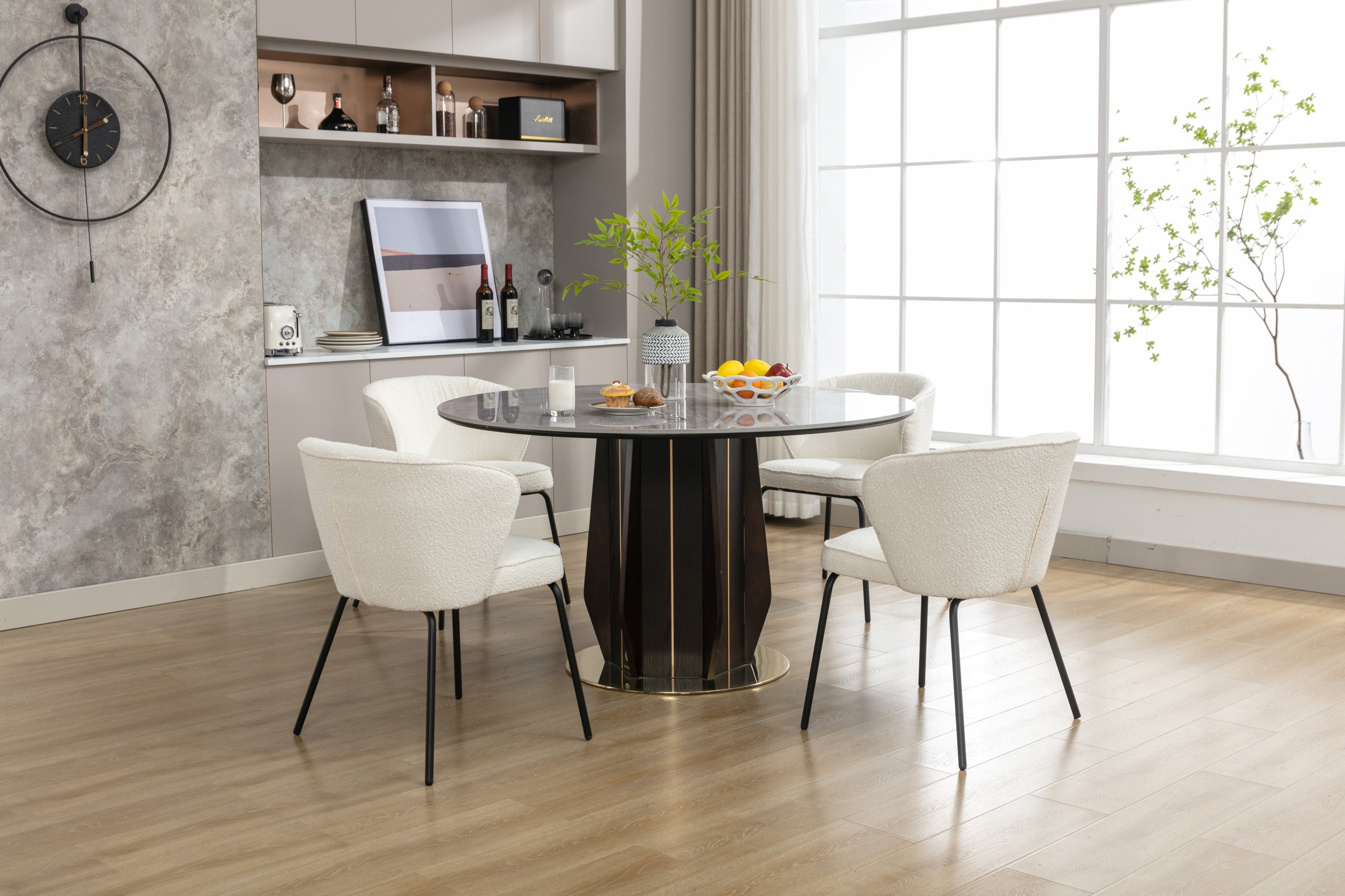 Boucle Fabric Dining Chairs Set of 2 with Black Metal Legs in Ivory - Modern Comfortable Kitchen & Dining Room Seating for Home & Office