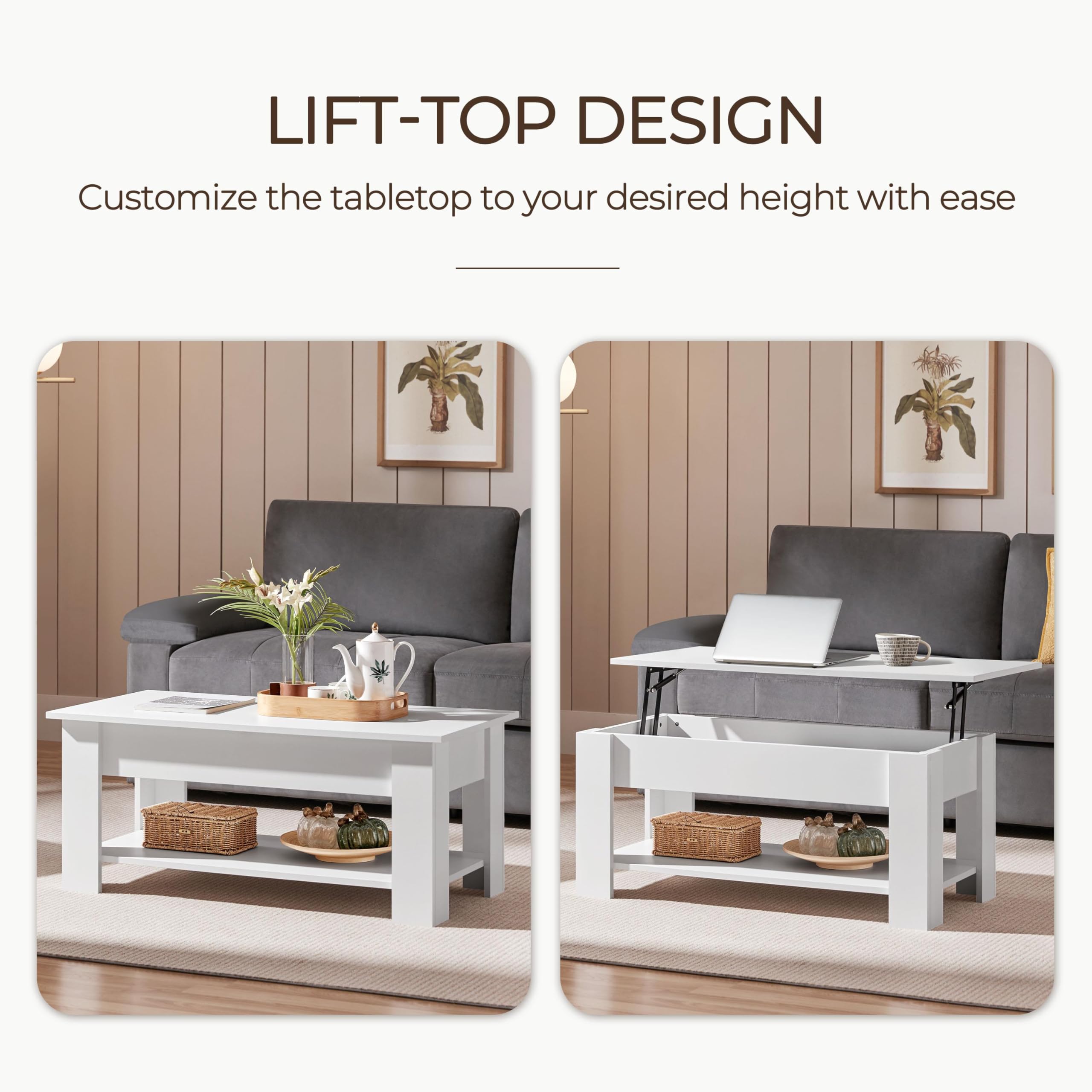 Topeakmart Adjustable Lift Top Coffee Table with Hidden Storage Compartment and Shelf - Modern White Lift-Top Dining Table for Living Room, Office, Reception - Perfect for Small Spaces, Entertaining, and Home Organization