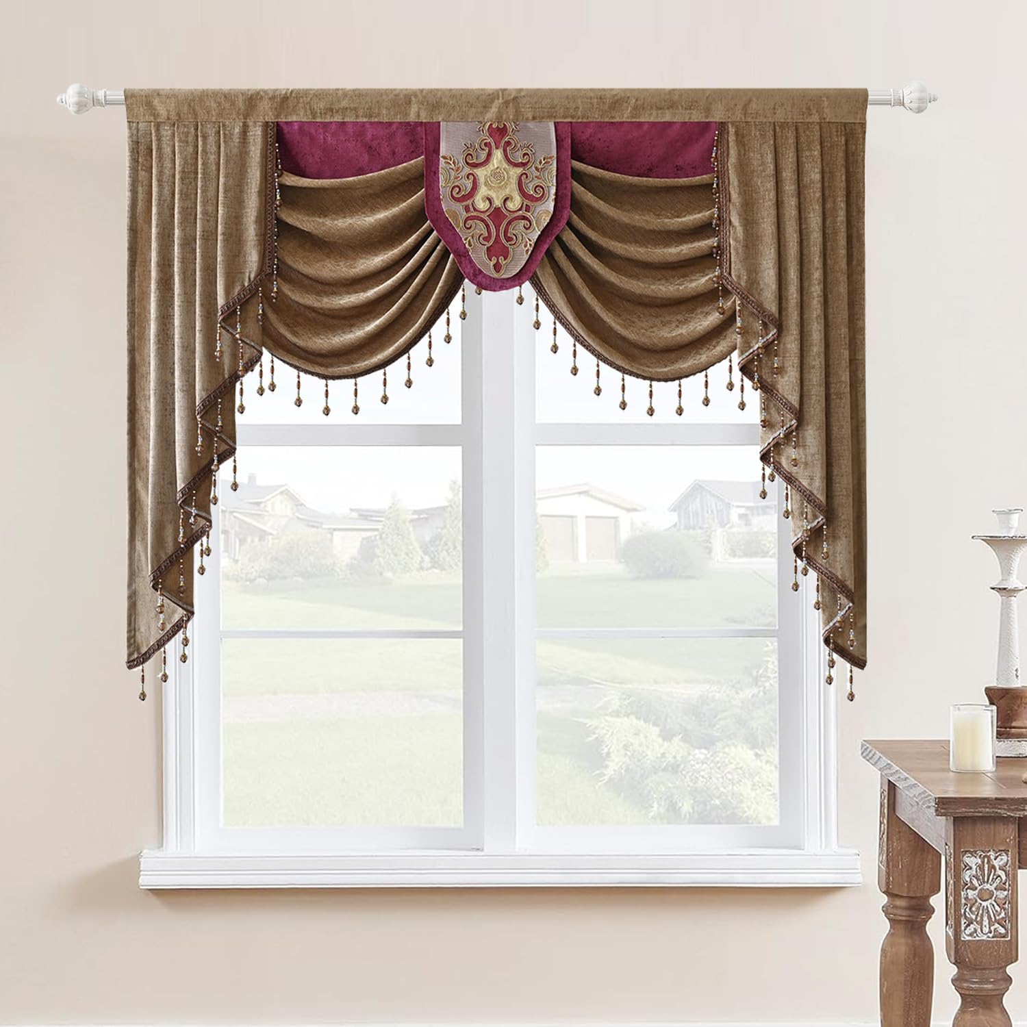 European Waterfall Valances with Beads - Chenille Curtain Valance for Living Room, 1 Panel, Elegant Window Swag for Home Decor