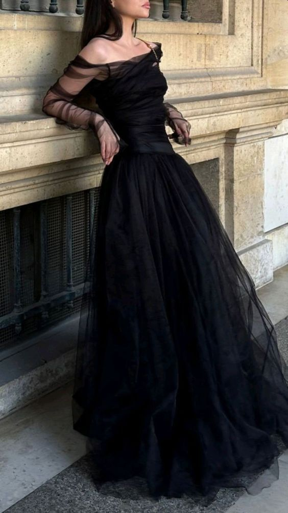 Elegant Off-the-Shoulder A-Line Long Prom Dress with Tulle Skirt - J5628 | Formal Evening Gown for Homecoming, Wedding, and Special Occasions