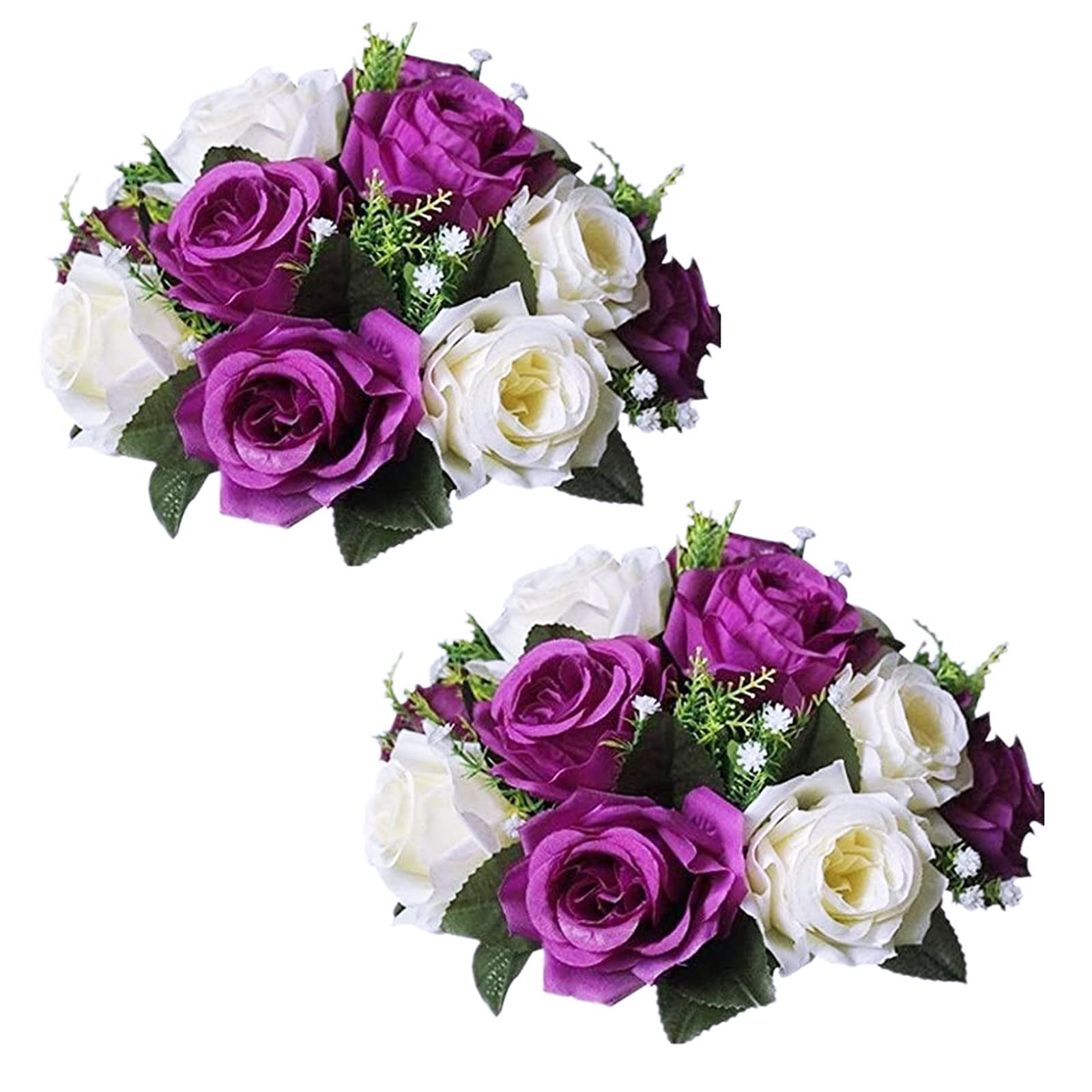 BLOSMON 2 Pack Artificial Rose Flower Balls - Purple & White Fake Floral Centerpieces with Base for Wedding, Home, Party Decor | DIY Kissing Ball Bouquet, Table Arrangement, Romantic Decorations