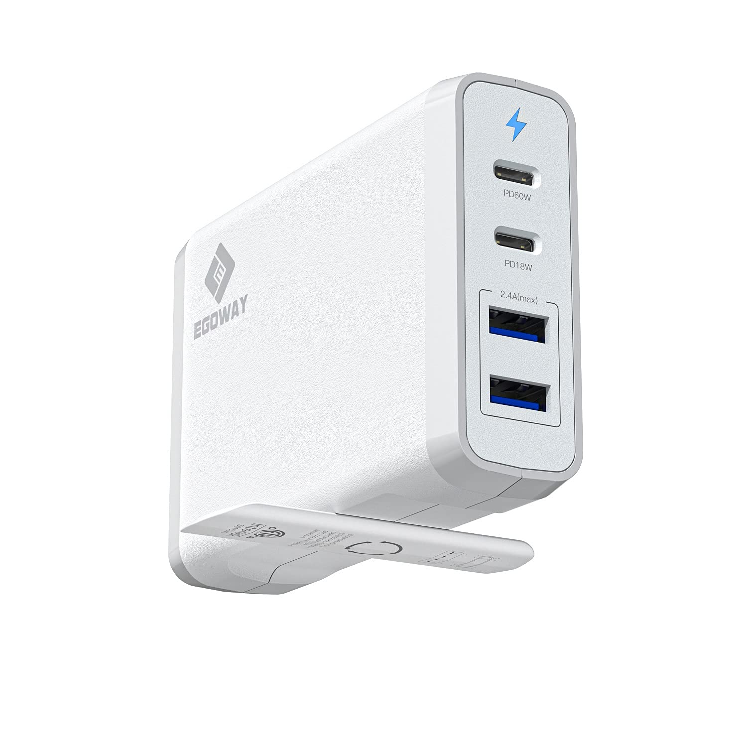EGOWAY 90W 4-Port USB Wall Charger with Dual USB-C (60W+18W) & Dual USB-A (12W) - Fast Charging for MacBook Pro/Air, iPhone 15/14/13, iPad, Samsung Galaxy - Compact Travel Charger for Home, Office & Car (White)