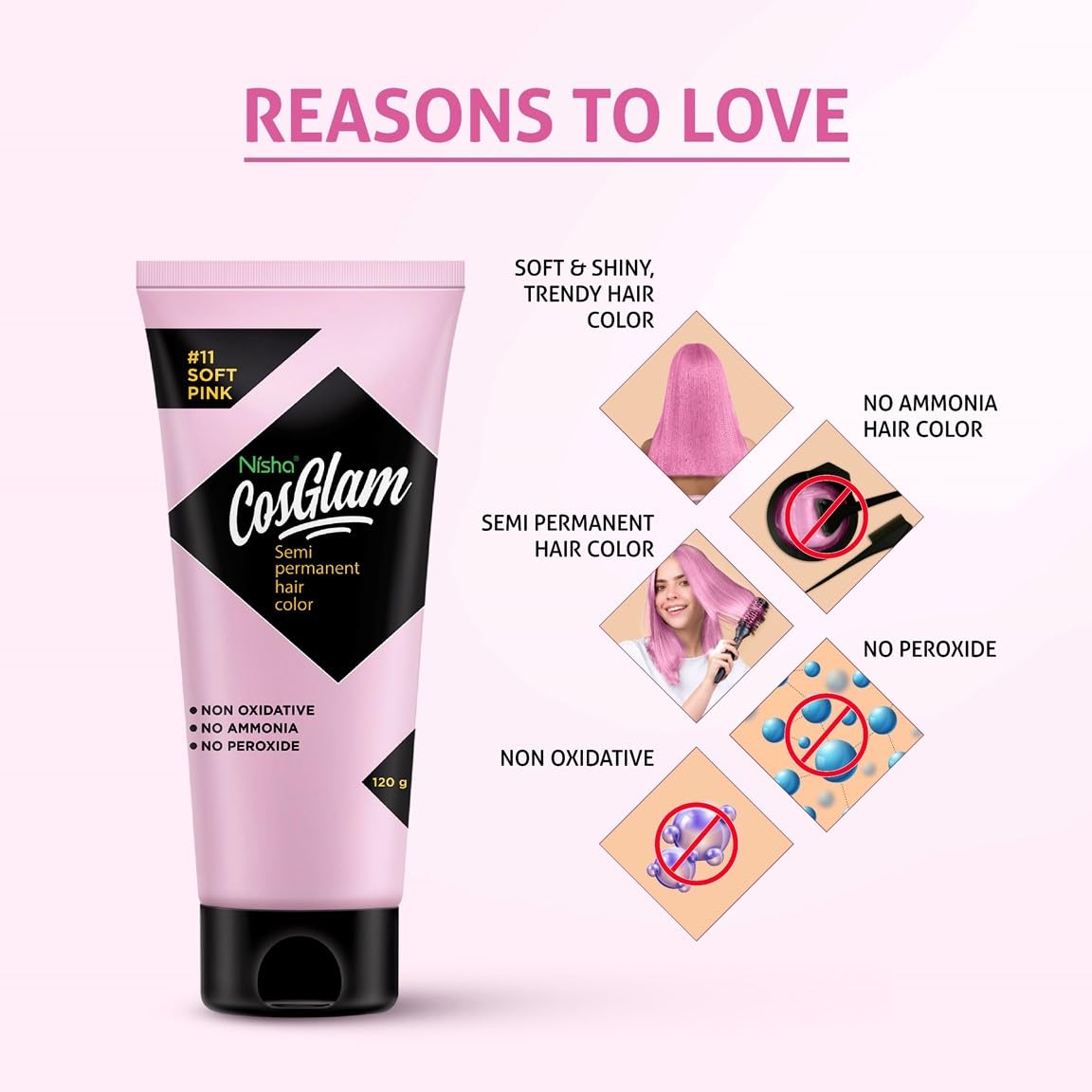 Nisha Cosglam Semi-Permanent Vegan Hair Dye - Ammonia & Peroxide Free Conditioning Color for Men & Women - 120g #11 Soft Pink (Light Pink) - Lasting Glossy Highlights for Everyday Style & Special Occasions