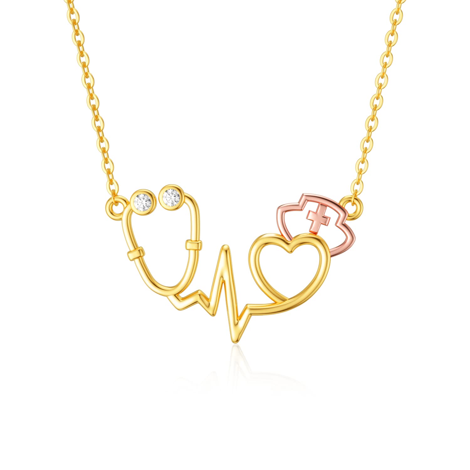 14K Real Gold Stethoscope Pendant Necklace for Women - Nurse Doctor Jewelry Gift for Medical Students & RN Nurses (16+1+1 inch) - Perfect for Graduation, Appreciation Gifts & Medical Professionals' Daily Wear