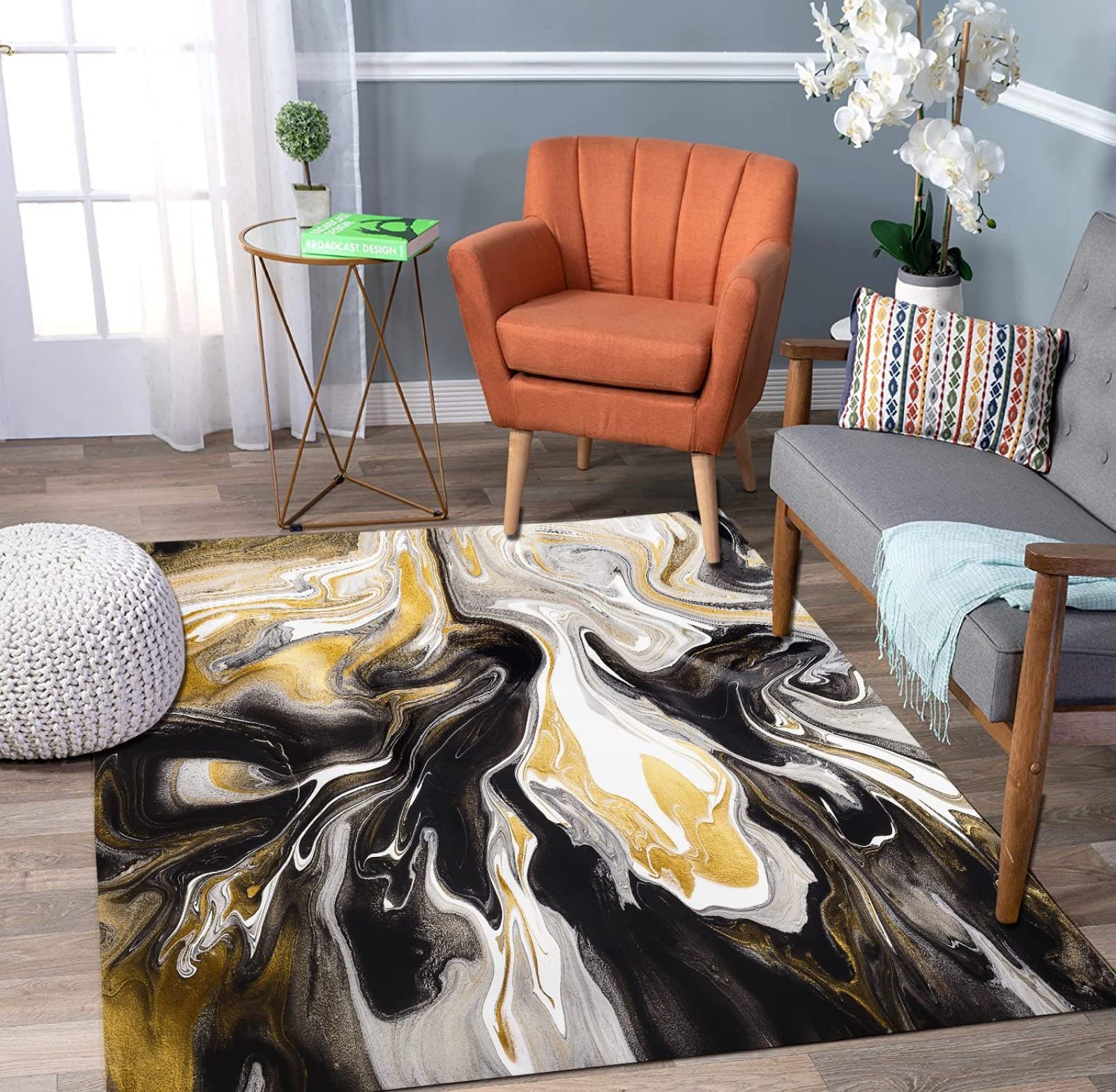 Modern Abstract Black Gold Area Rug - Nordic Art Marble Design Non-Slip Indoor Carpet for Living Room, Bedroom & Home Decor (6.6' x 5.3') - Perfect for Sofa, Floor Mats & Cozy Spaces