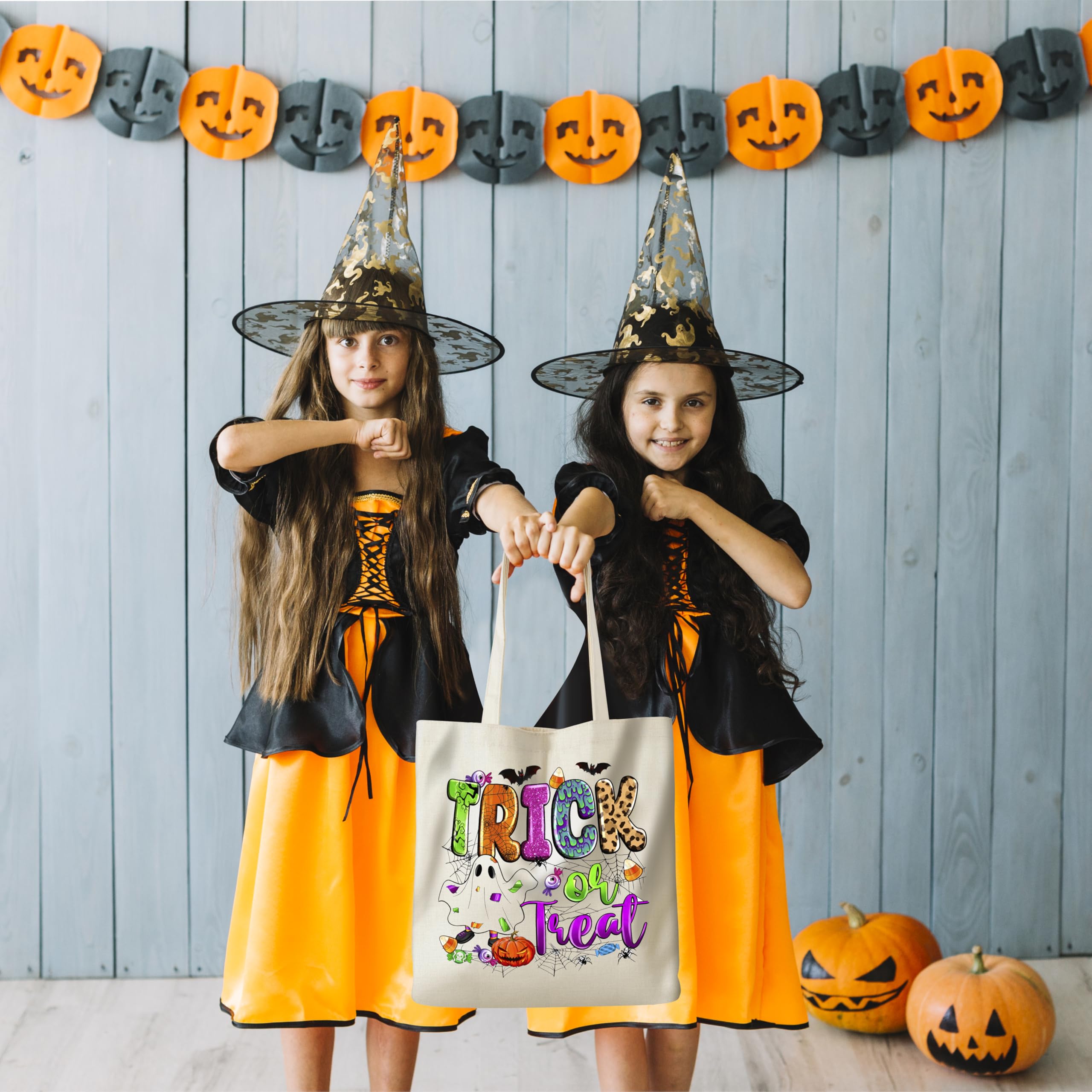 Halloween Candy Bags for Trick or Treating - 13 Inch Reusable Canvas Treat Bags for Kids - Perfect for Halloween Parties, School Events and Neighborhood Trick-or-Treating