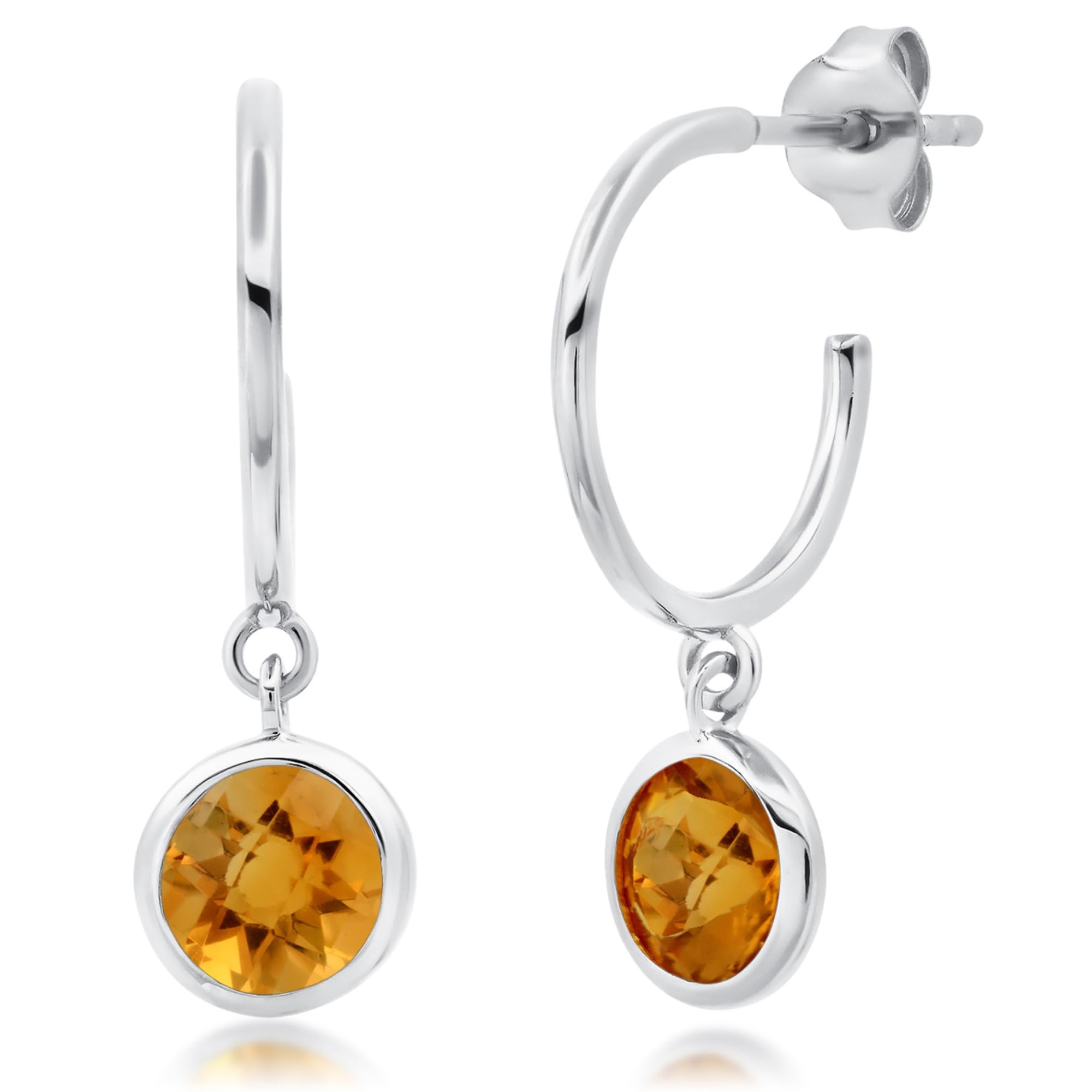 925 Sterling Silver Citrine Hoop Earrings for Women - Dangling Open Hoop with Bezel Set Round Citrine Gemstone, November Birthstone Jewelry | Perfect for Gifts, Parties & Everyday Wear