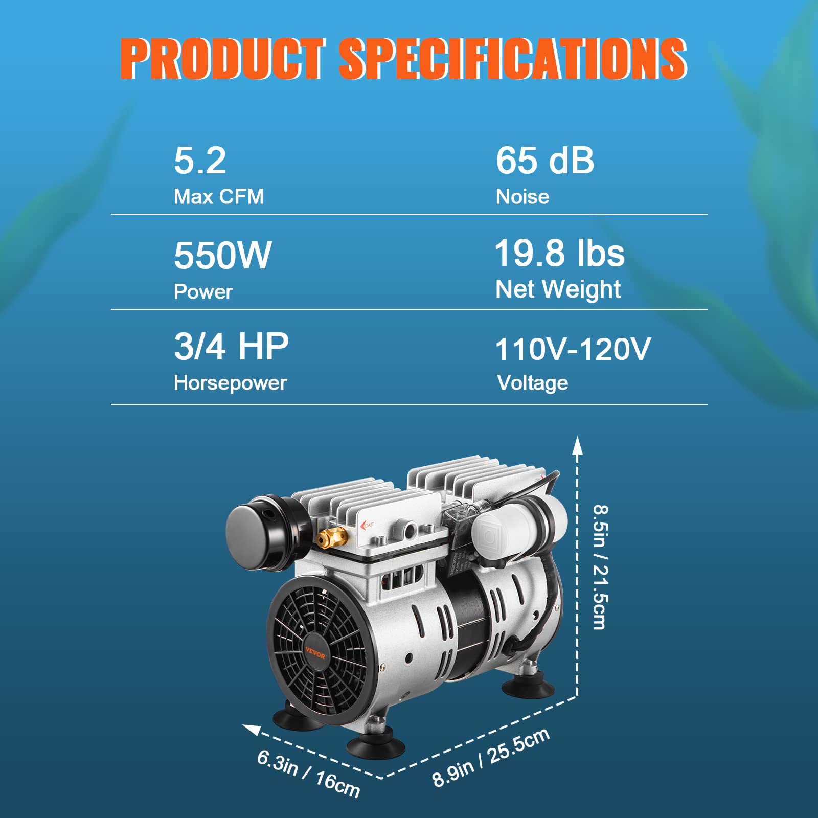 VEVOR 550W Pond Aerator with 5.2CFM Airflow - Covers Up to 3 Acres & 50ft Depth - Includes 3/4 HP Timer & Valves - Powerful Air Compressor for Deep Water Oxygen Circulation - Ideal for Lakes, Ponds & Large Water Features - Black (No Diffuser Included) - Perfect for Improving Water Quality & Supporting Aquatic Life