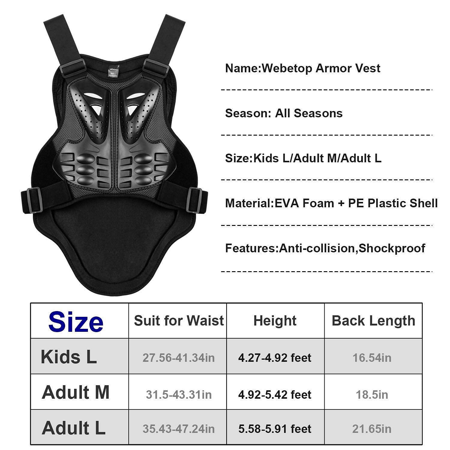 Webetop Adult & Youth Motorcycle Armor Vest Size L with Dirt Bike Knee Pads, Shin Guards & Elbow Pads - 6pc Protective Gear Set (Black) | Ideal for Motocross, ATV Riding & Extreme Sports Safety
