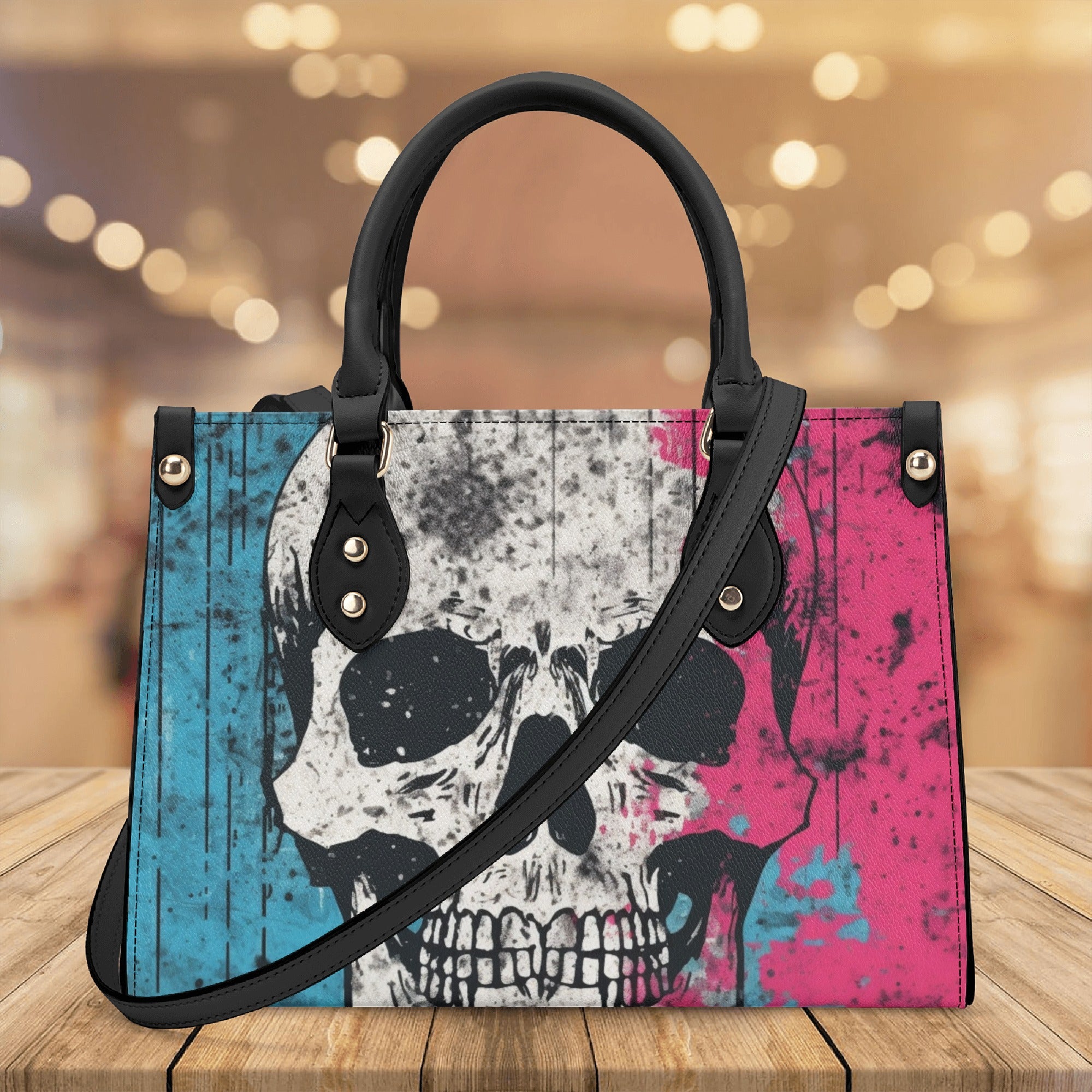 Luxury Pink & Blue Skull Leather Handbag with Adjustable Shoulder Strap - Fashionable Crossbody Purse for Women, Perfect for Parties, Date Nights & Daily Use