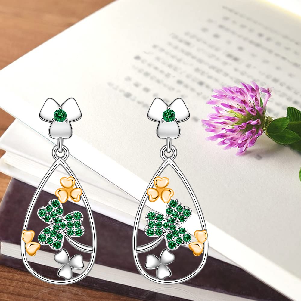 St. Patrick's Day Shamrock Earrings for Women - Sterling Silver Four Leaf Clover Dangle Earrings, Irish Lucky Green Clover Jewelry Gift for Her - Perfect for St. Patrick's Day Parties, Irish Weddings & Everyday Luck