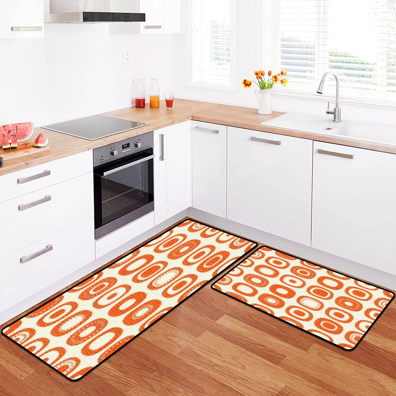 Abstract Mid Century Kitchen Rugs Set - Non-Slip Washable Floor Mats with Seamless Rounded Squares Design for Kitchen, Bathroom & Entryway - Comfort Standing Decor for Home, Office & High Traffic Areas