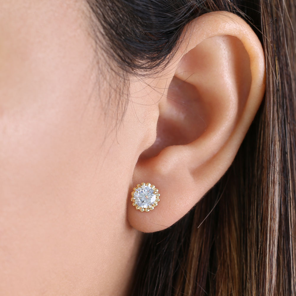 14K Solid Yellow Gold Victorian Style Round Cubic Zirconia Stud Earrings for Women | Elegant Gift for Anniversary, Wedding, Party & Special Occasions