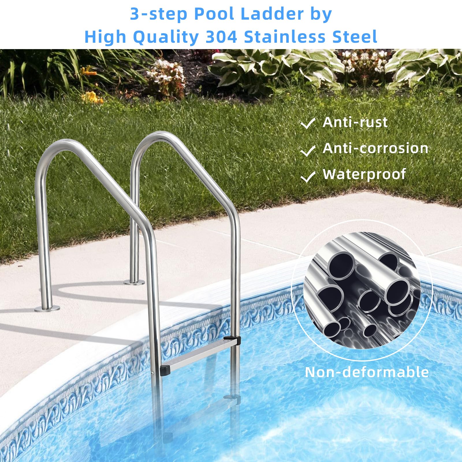 304 Stainless Steel Heavy Duty Pool Ladder with Handrails - 3 Step Above Ground Swimming Pool Entry System for Safe & Easy Access | Perfect for Inground/Above Ground Pools, Backyard Decks & Residential Swim Areas