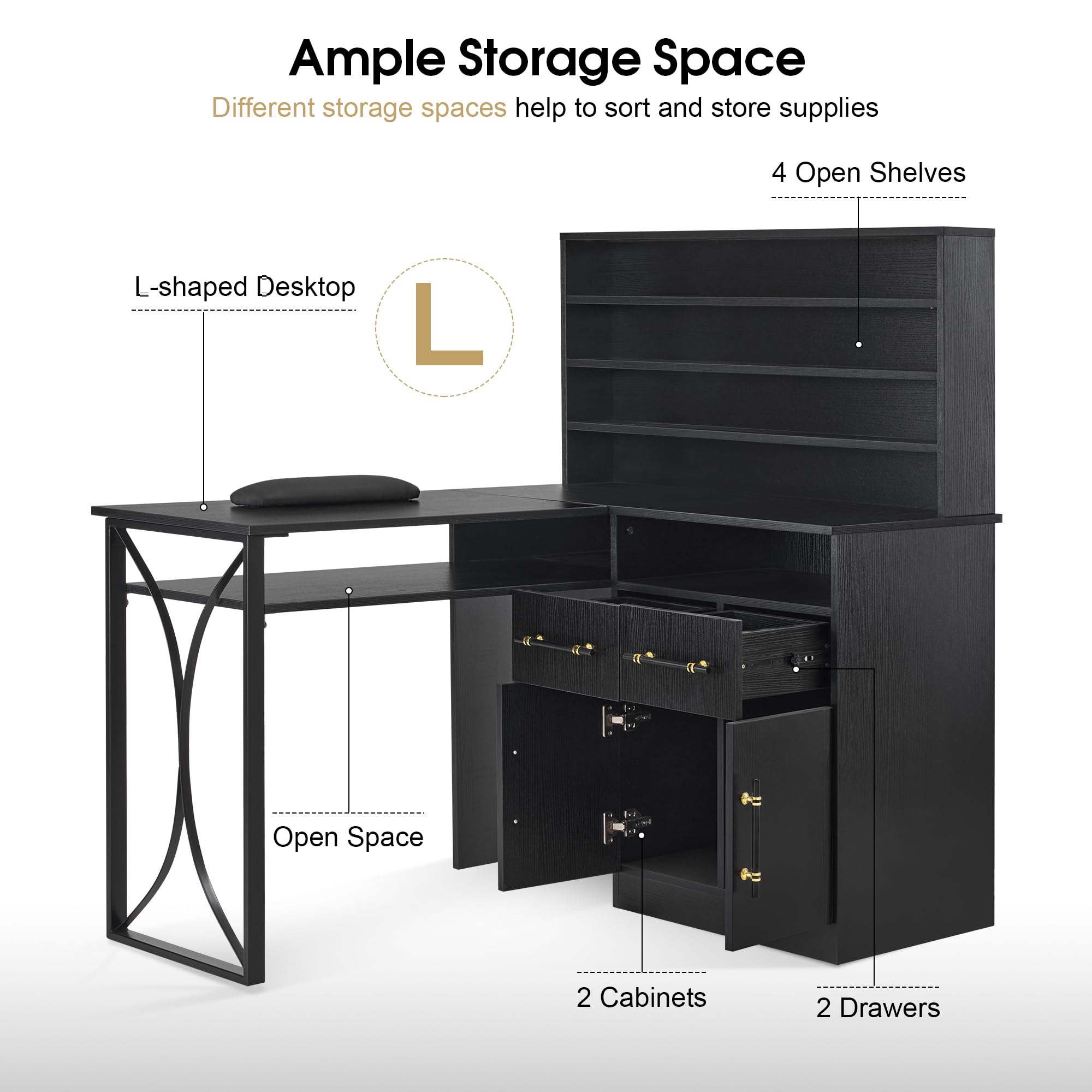 Professional L-Shaped Nail Desk with Storage Drawers & Cabinets - BarberPub Manicure Workstation for Salon & Home Use - Efficient Organization Nail Table 2833 (Black) - Perfect for Nail Technicians & Beauty Professionals