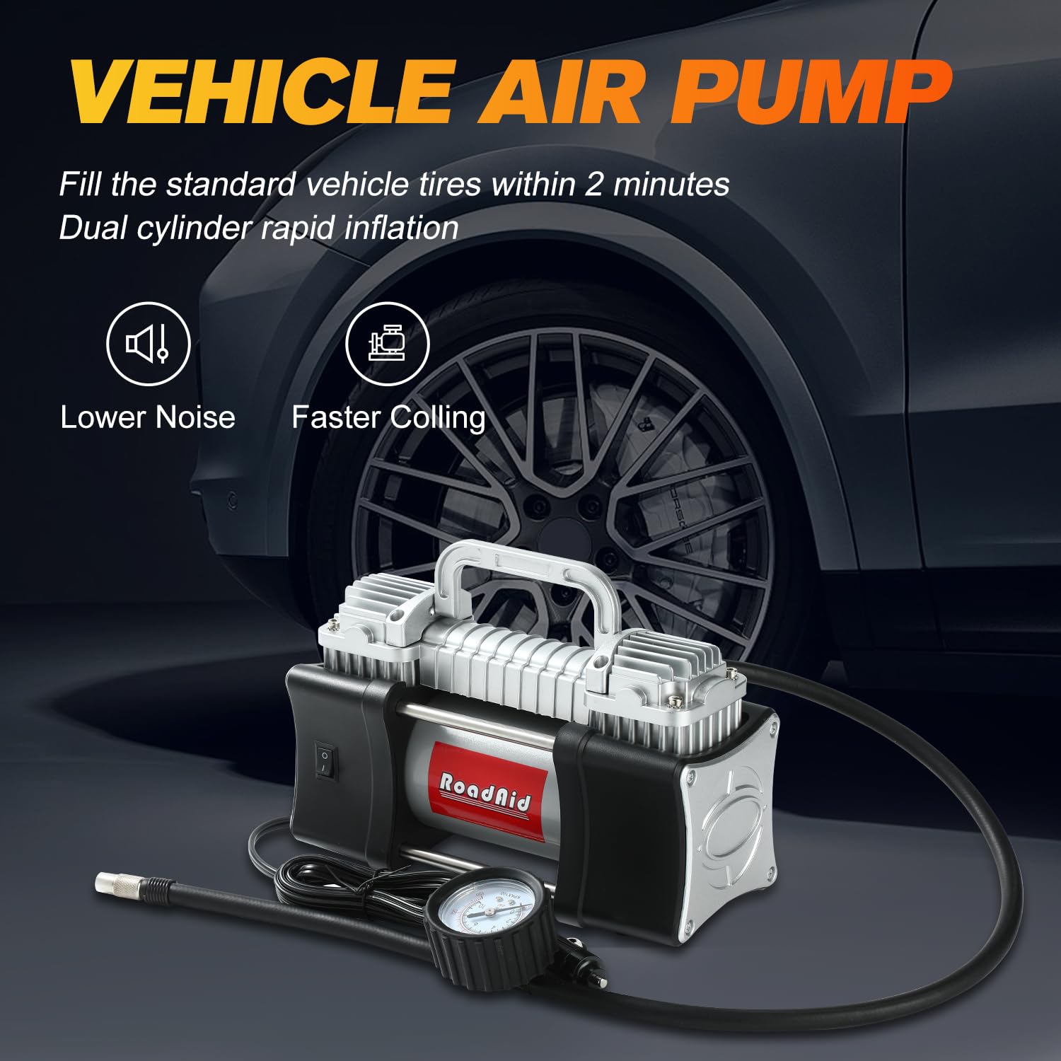 12V Portable Tire Inflator Air Compressor - 150PSI Dual Cylinder Pump with Aluminum Case, Battery Clamps & 5M Hose for Cars, SUVs, Motorcycles, Bikes | Quick Inflation for Roadside Emergencies & Garage Use