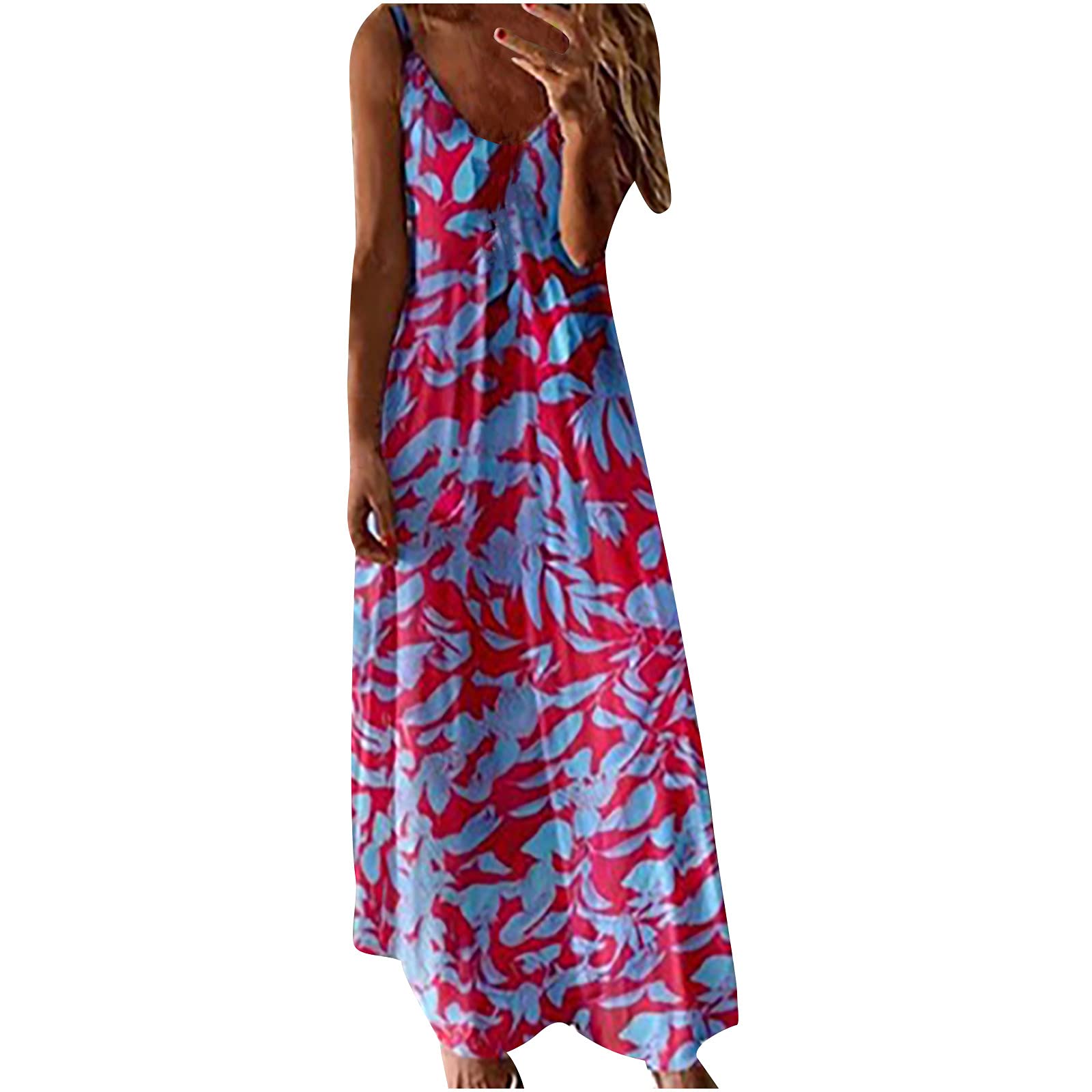 Anuyalue Women's Summer Maxi Dress 2022 - Casual Sleeveless Spaghetti Strap Boho Floral Beach Dress with Sexy V-Neck | Perfect for Vacation, Pool Party & Date Night