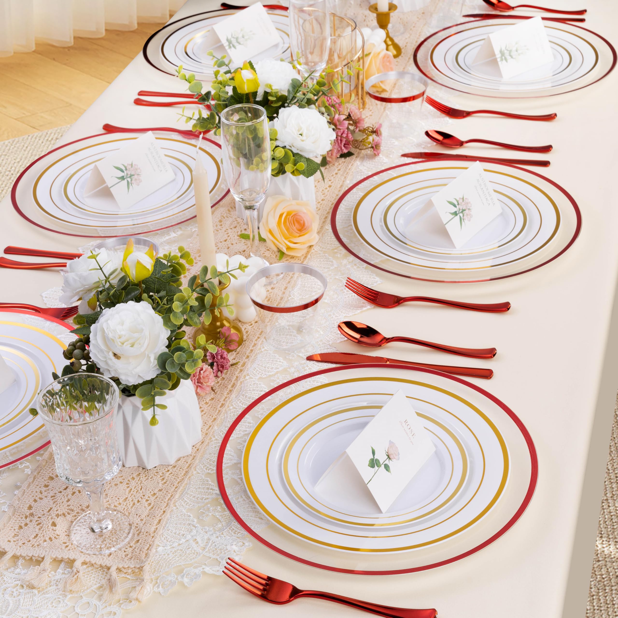 12 Inch Disposable Plastic Charger Plates - 15 Pack Clear Dinner Plates with Elegant Red Rim - Perfect for Weddings, Parties, Banquets & Formal Dining Events - Elegant Table Decor for Special Occasions