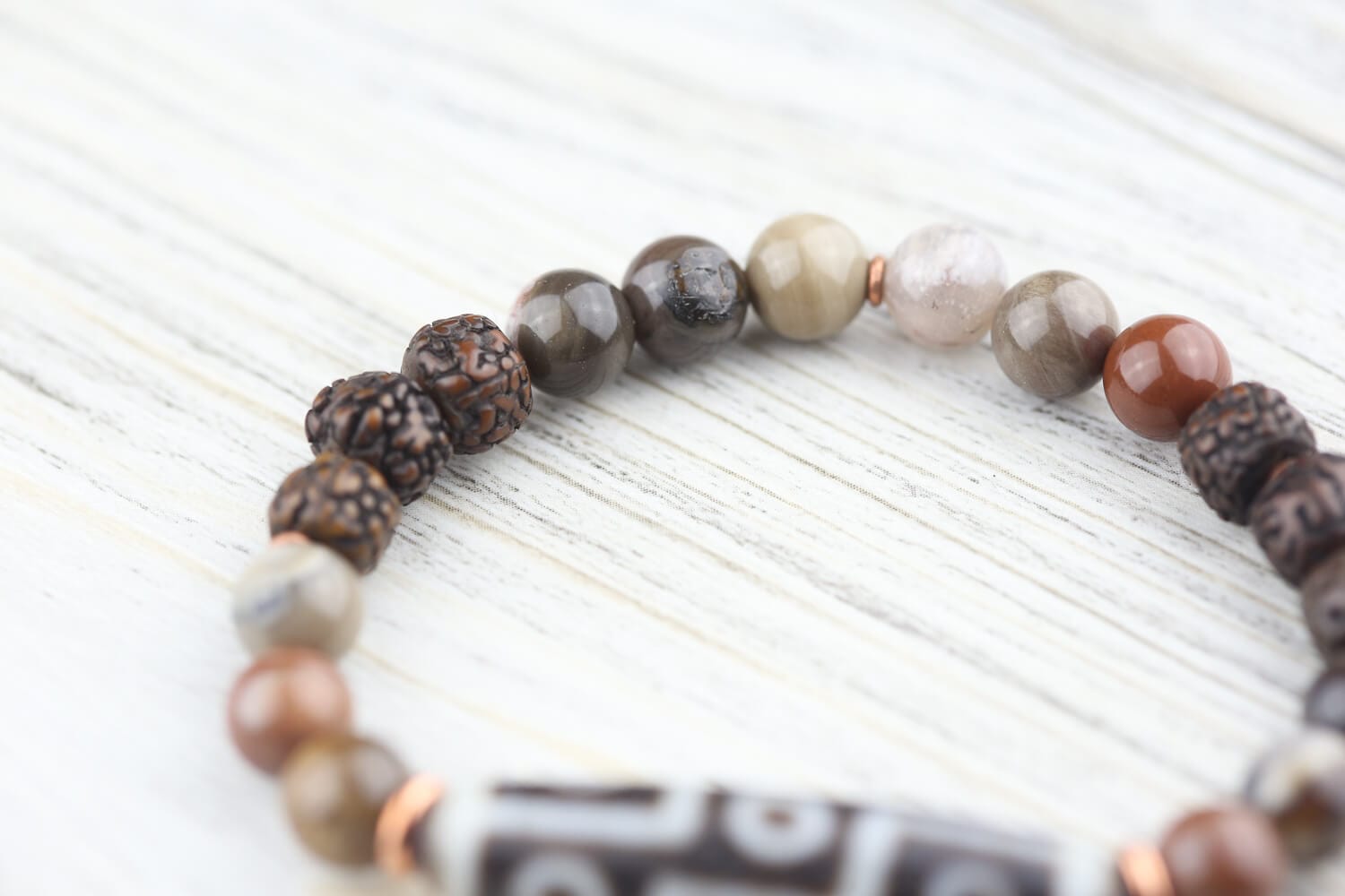 9 Eye Dzi Beads & Petrified Wood Buddhist Mala Bracelet - Spiritual Meditation, Yoga Accessory & Positive Energy Jewelry for Men and Women