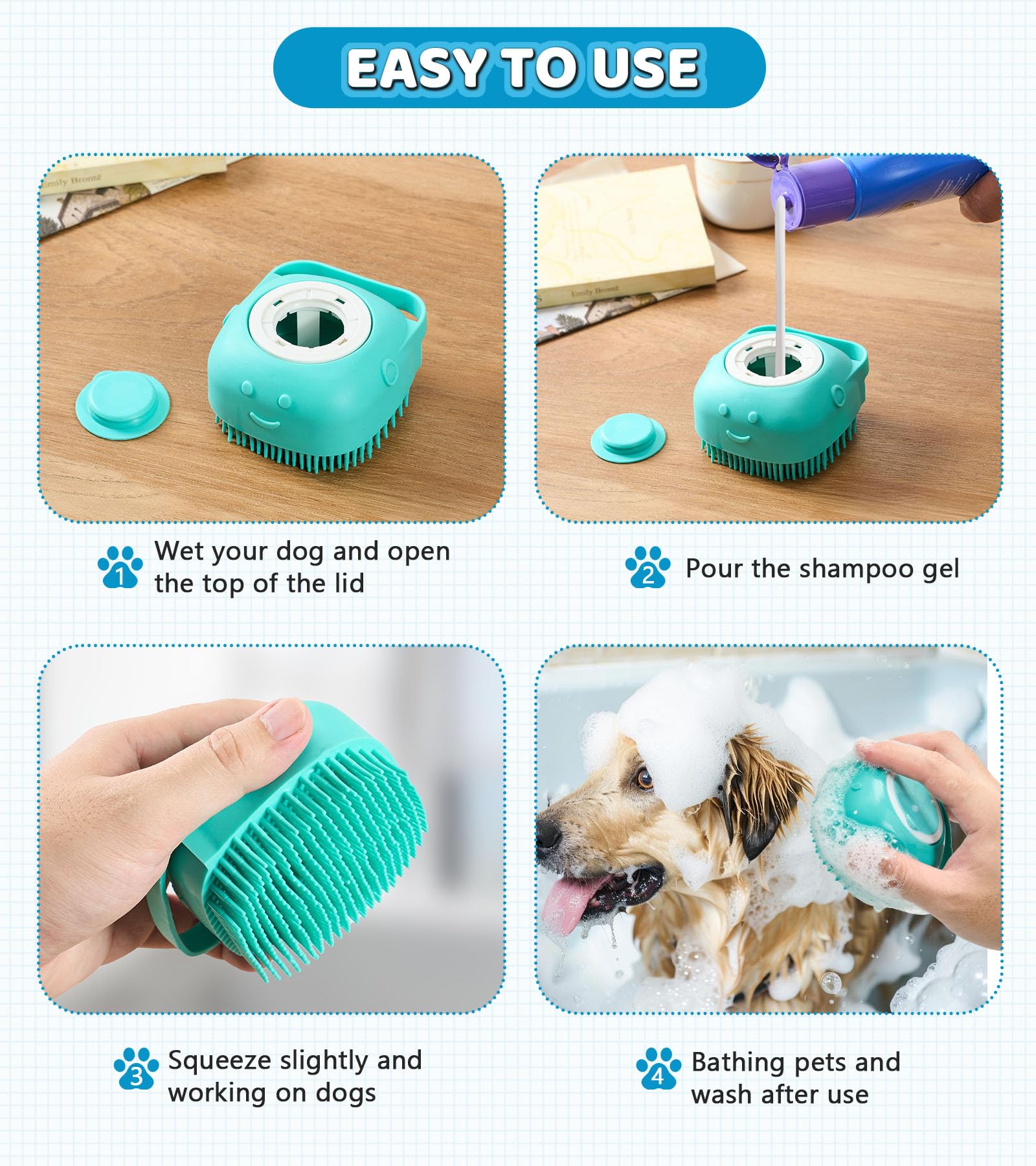 4PCS Dog Bath Brush Set - Pet Massage Shampoo Brush & Scrubber for Dog Washing - Soft Silicone Bristles Grooming Brush for Dogs & Cats - Perfect for Bath Time, Shedding Control & Relaxing Massage - Blue