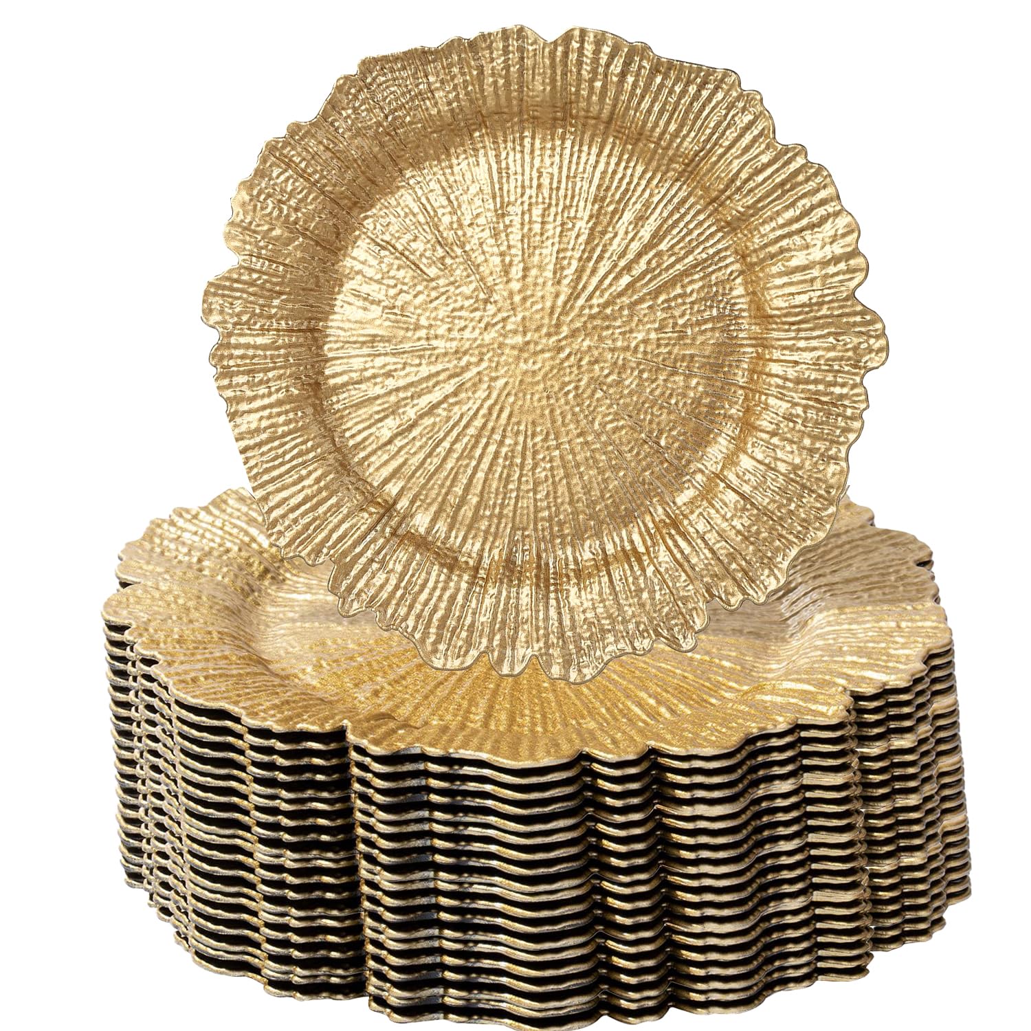 100 Pcs 13 Inch Round Matte Reef Charger Plates with Ruffled Rim & Hollow-Out Flower Napkin Holders - Bulk Dinner Charger Set for Weddings, Parties, and Formal Dining Events