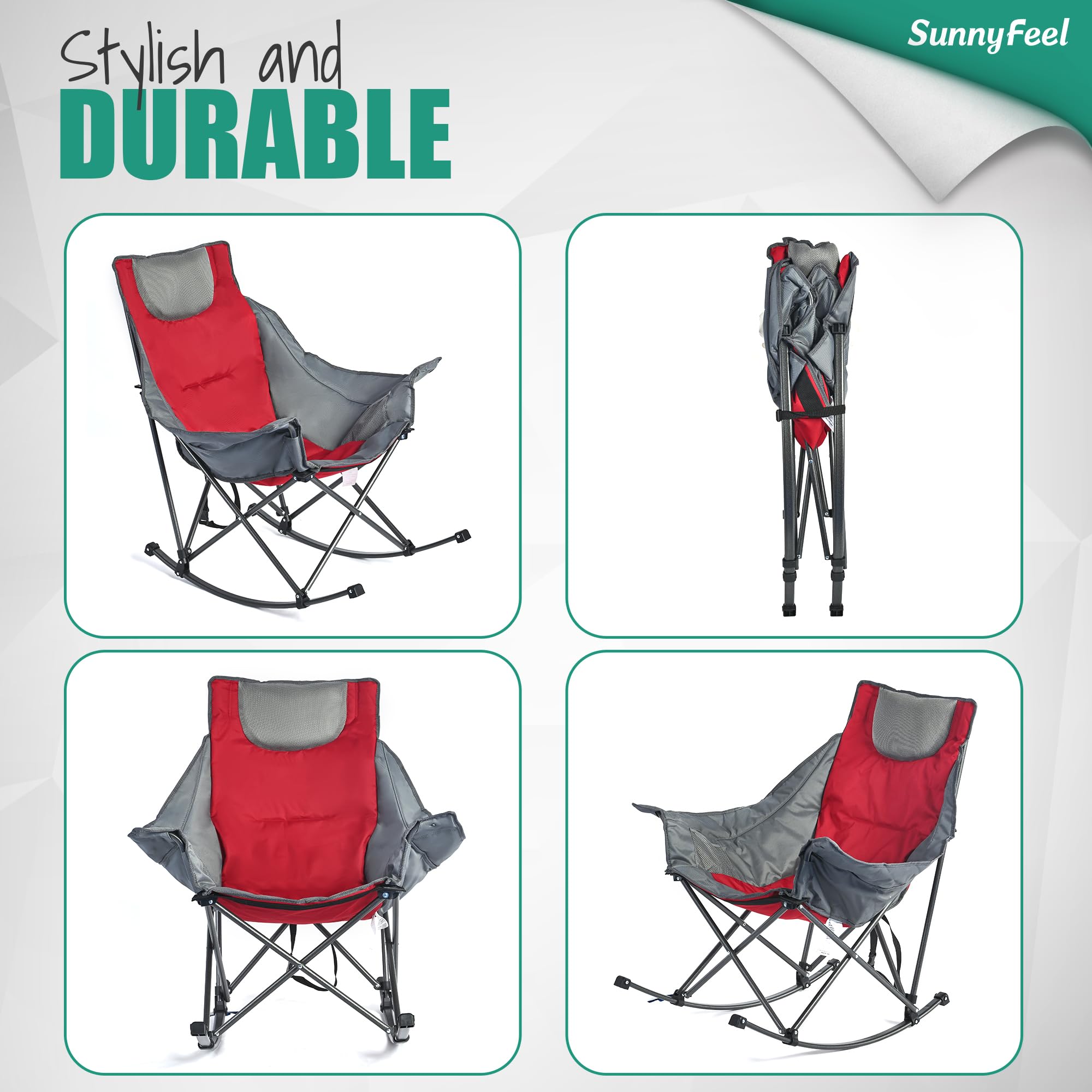 **SUNNYFEEL Premium Rocking Camping Chair - Heavy Duty Oversized Folding Recliner with Padded Seat & Storage Pocket - Portable Outdoor Lounge Chair for Camping, Picnics, Beach, Patio & Backyard Relaxation - Includes Carry Bag**
