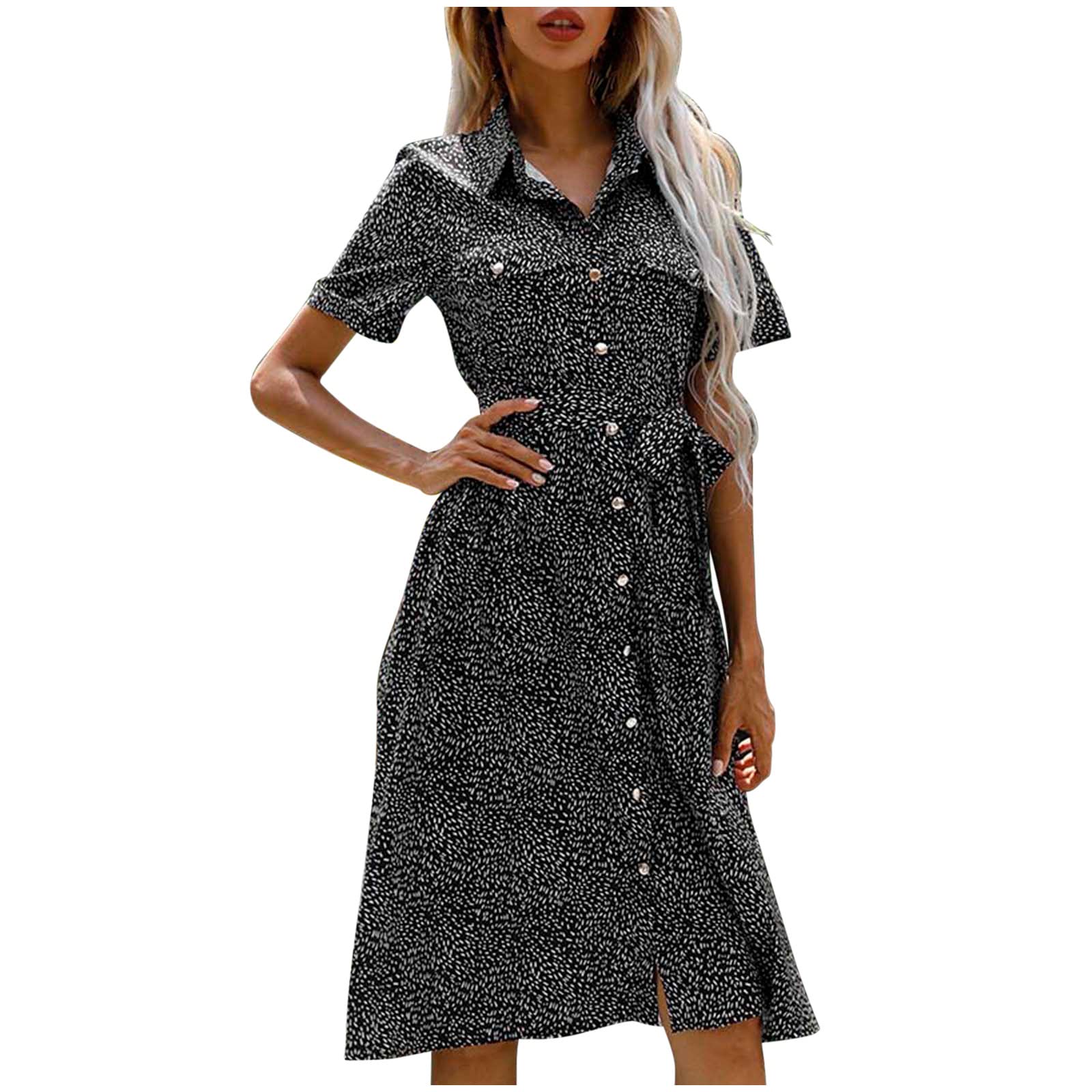 Boho Floral Summer Dress for Women - Casual Short Sleeve Lapel Button Shirt Dress with Lace Up Detail | Perfect for Beach Vacations, Music Festivals & Summer Outings