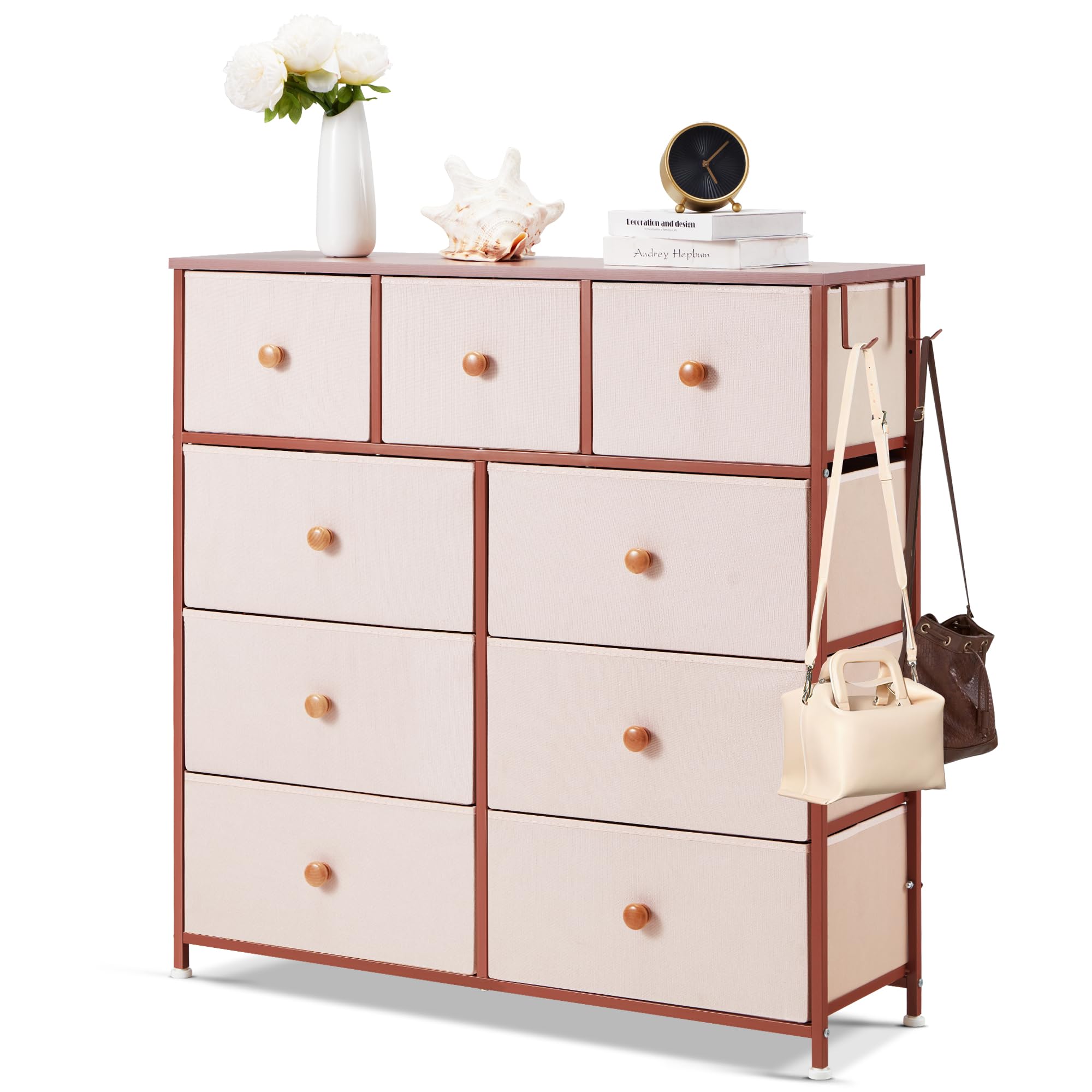 Pink 9-Drawer Dresser for Girls Bedroom - Wood Top with Metal Frame & Side Hooks - Large Capacity Storage Chest for Closet, Living Room, Hallway, or Nursery (Pink, 9 Drawers) - Perfect for Organizing Clothes, Toys, and Bedroom Essentials