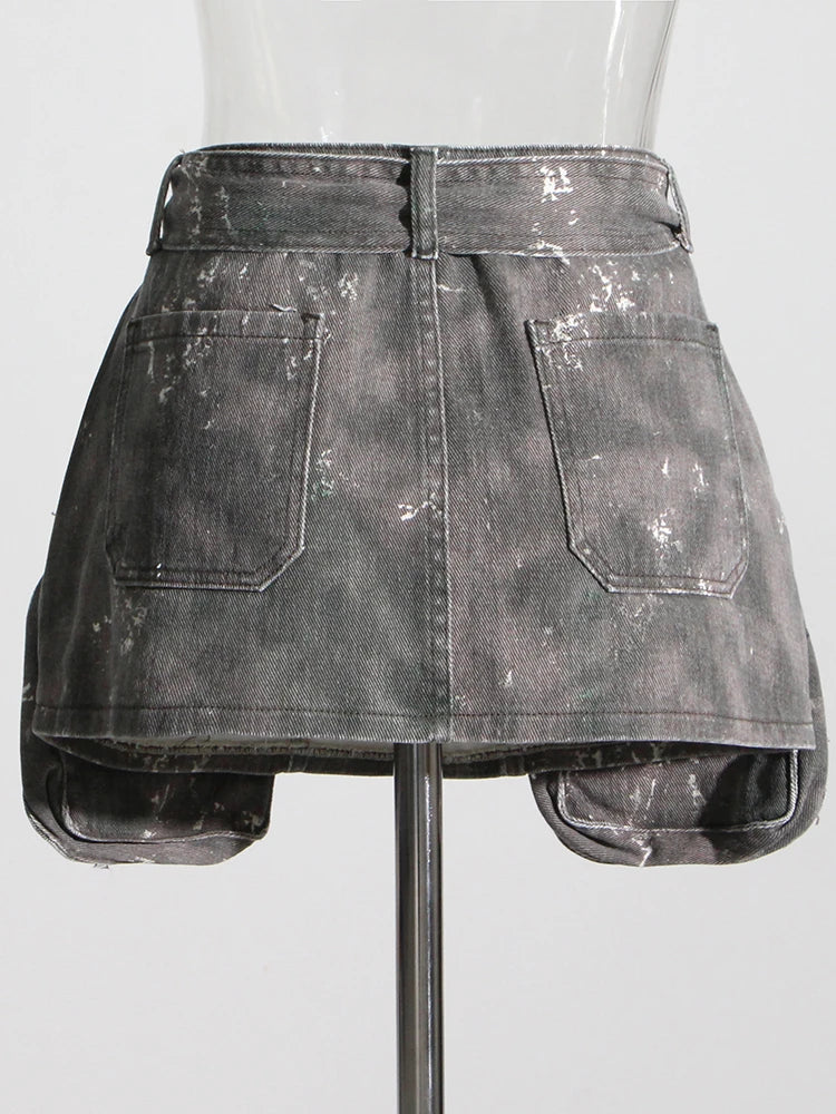 Women's High Waist A-Line Denim Skirt - Short Length Patchwork Camouflage Design with Lace Up Detail | Summer Fashion Casual Wear for Outings, Dates & Street Style