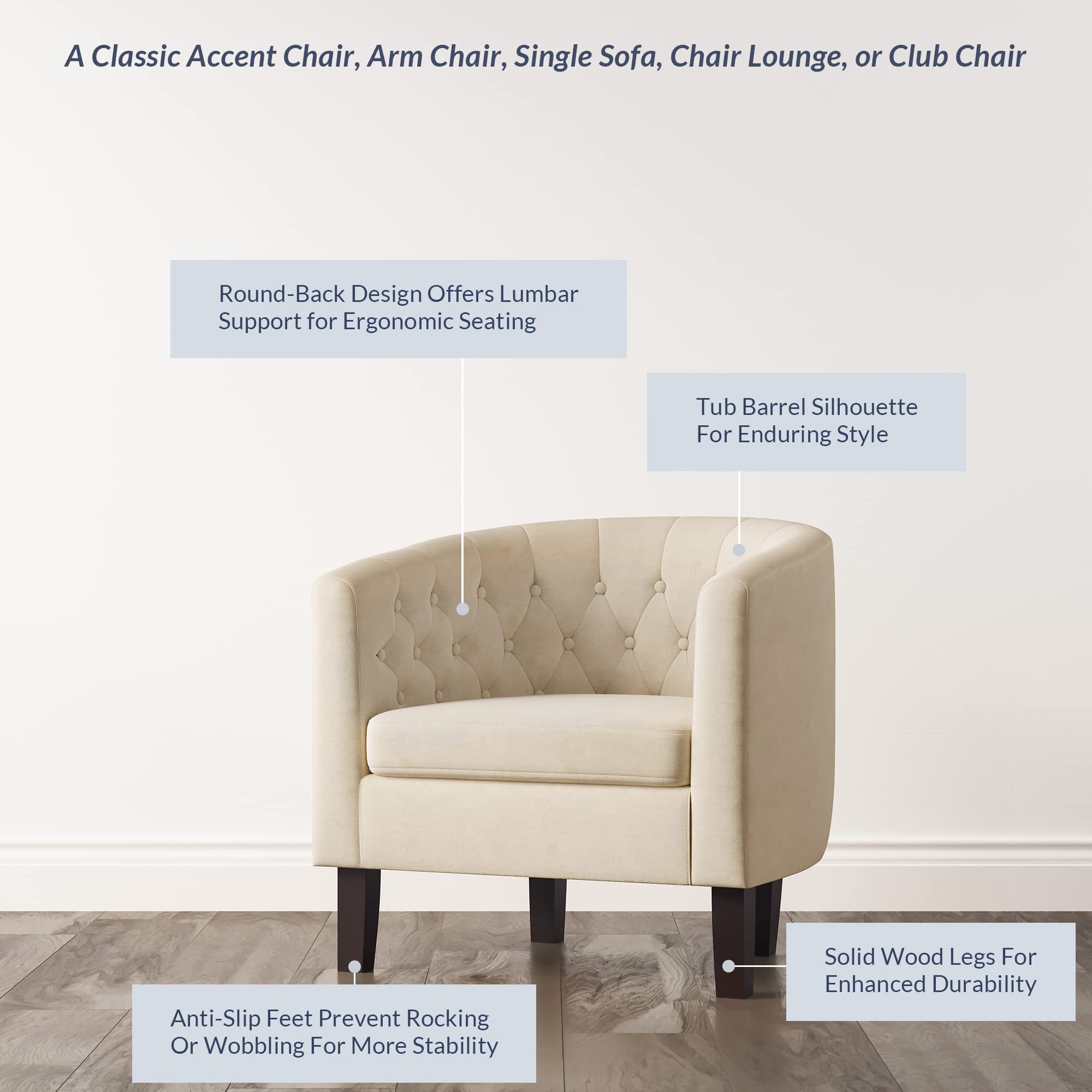 BELLEZE White Accent Chairs for Living Room & Bedroom - Elegant Upholstered Tufted Barrel Armchair with Sturdy Legs & Linen Fabric, Modern Club Chair for Home Office, Lounge & Guest Room (Berlinda, White)