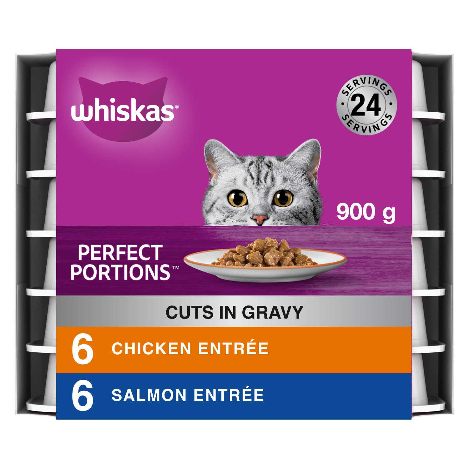 WHISKAS Perfect Portions Wet Cat Food Cuts in Gravy - Chicken & Salmon Flavor - 12 Pack (75g Each) - High Protein Meal for Adult Cats - Perfect for Picky Eaters & Daily Feeding
