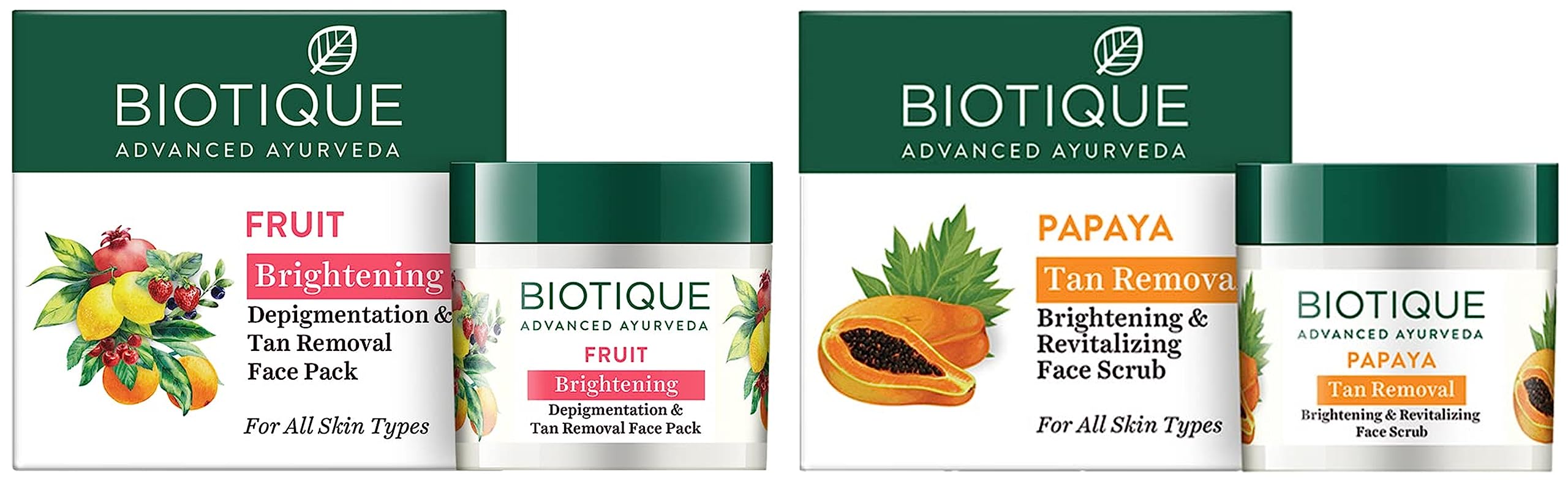 Biotique Bio Fruit Whitening & Depigmentation Face Pack 75g + Papaya Revitalizing Tan Removal Scrub 75g - Brightening Skincare Set for Glowing Complexion | Perfect for Daily Face Care & Sun Damage Repair