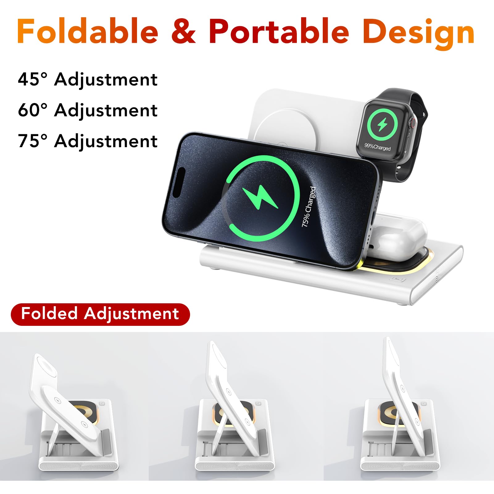 3-in-1 Foldable Wireless Charging Station for iPhone 16/15/14/13/12/11 Series, Apple Watch & AirPods 4/3/2/Pro/Pro 2 - Fast Charging Stand with Night Light (White) | Perfect for Bedside, Office & Travel Use