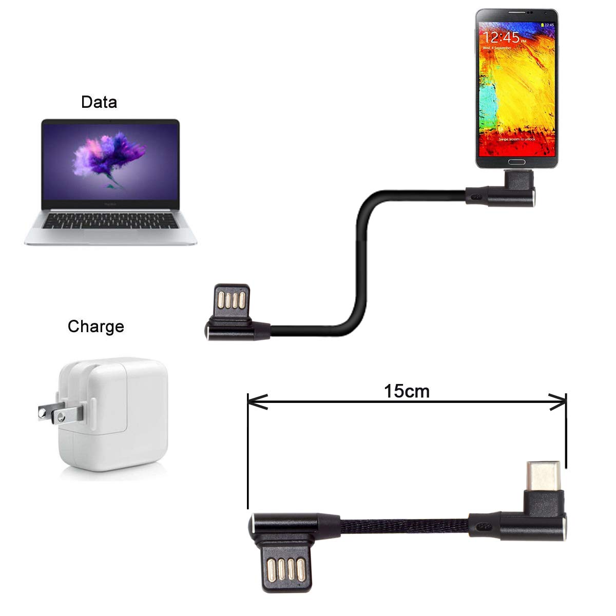 Chenyang USB 2.0 to USB C 90 Degree Right Angle Adapter Cable - 15CM (0.5ft) Short Extension Cord for Phone, Tablet, Laptop Charging & Data Transfer
