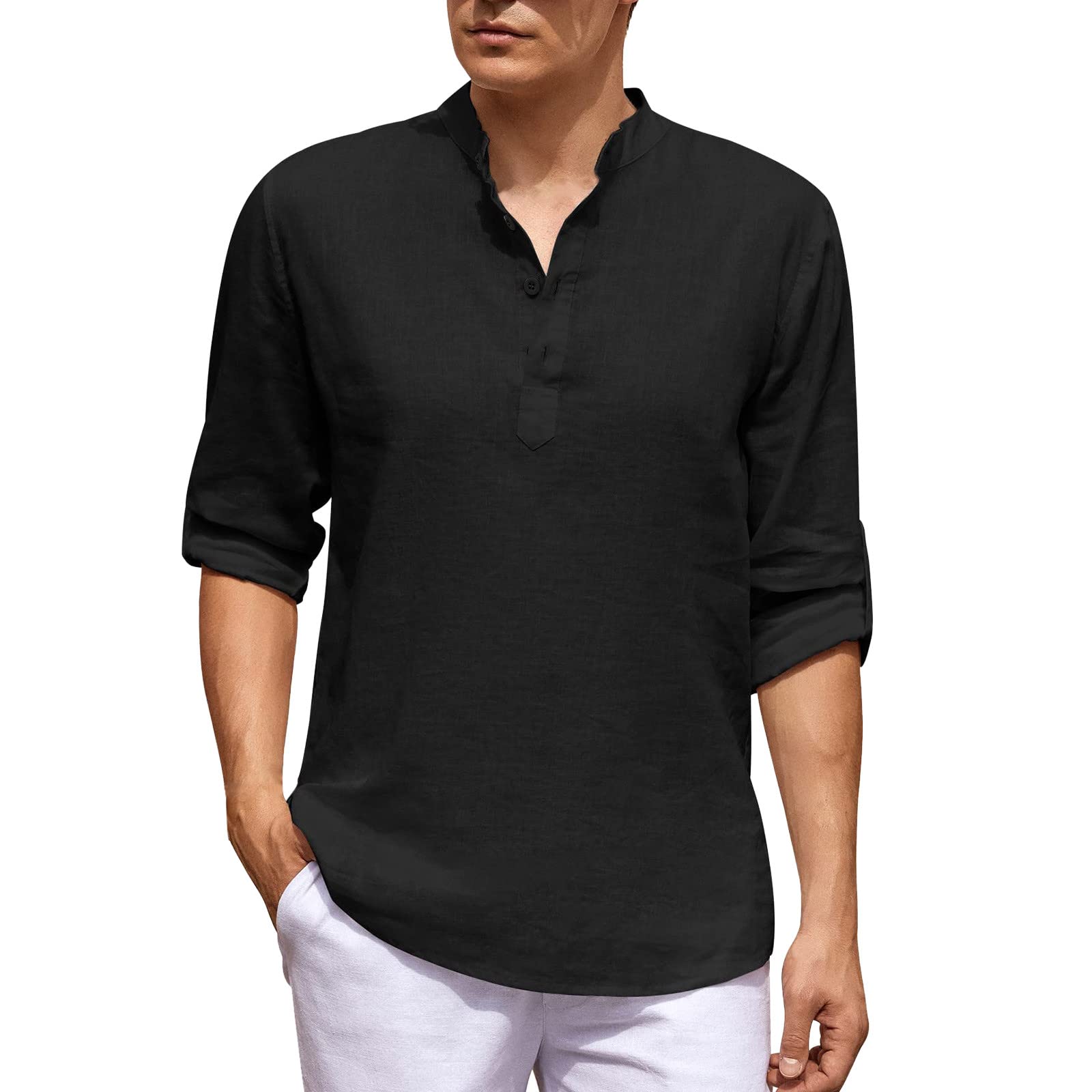 Men's Casual Summer Shirts - Loose Fit Short Sleeve Solid Color Lace Trim O-Neck Blouse Tops for Outdoor Activities & Beach Wear