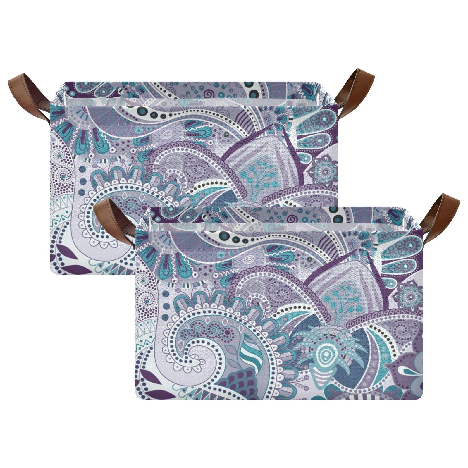 **Paisley Floral Ethnic Light Purple Fabric Storage Baskets with Handles - 2 Pack Organizer Bins for Pantry, Shelves, Drawers, Closet, Office & Classroom - Perfect for Home, Office & Dorm Organization**