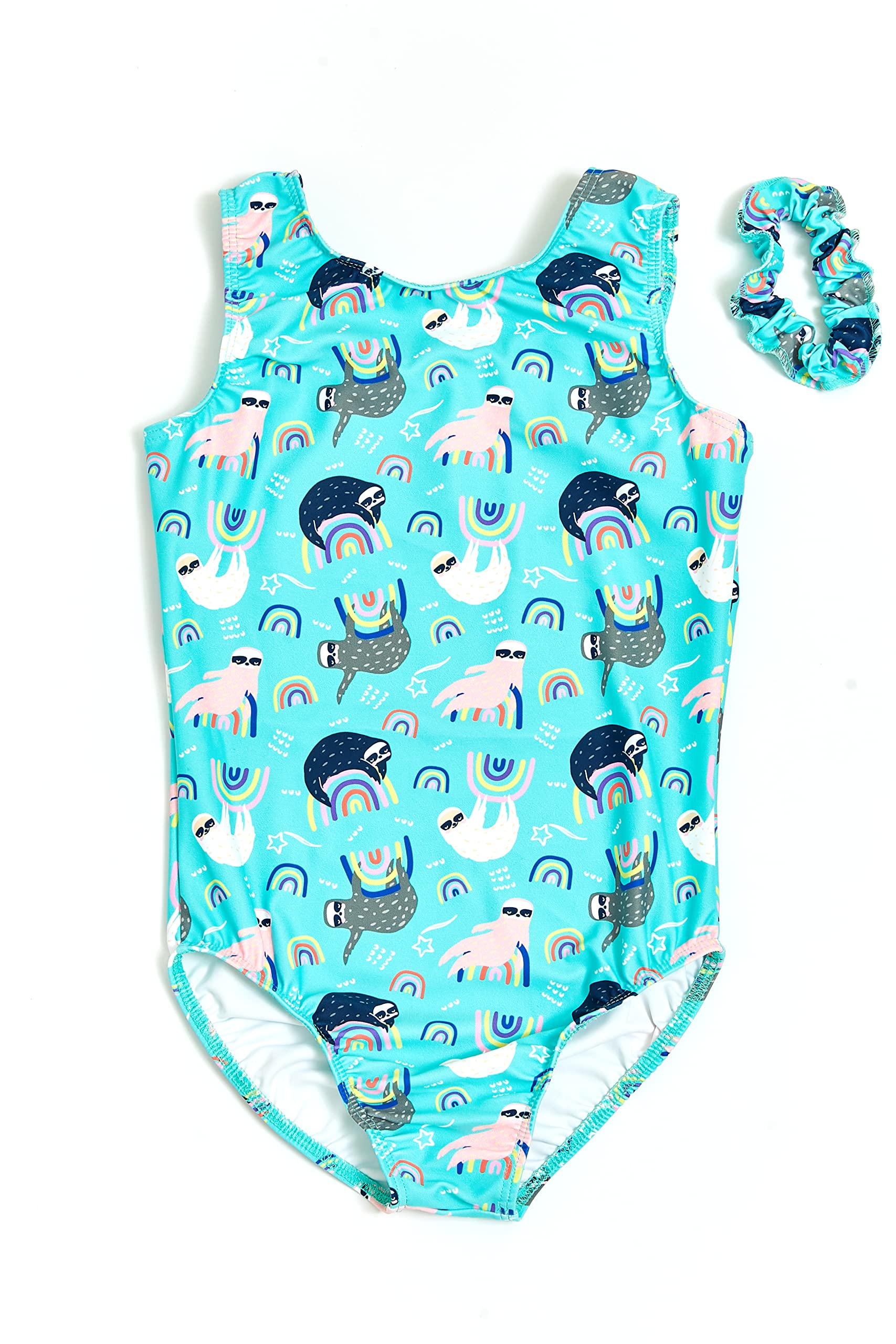 Destira Girls Gymnastic Leotard - Sloth & Rainbow Print on Soft Mint Fabric for Training & Competition | Perfect for Gymnastics Practice, Dance Classes & Performance