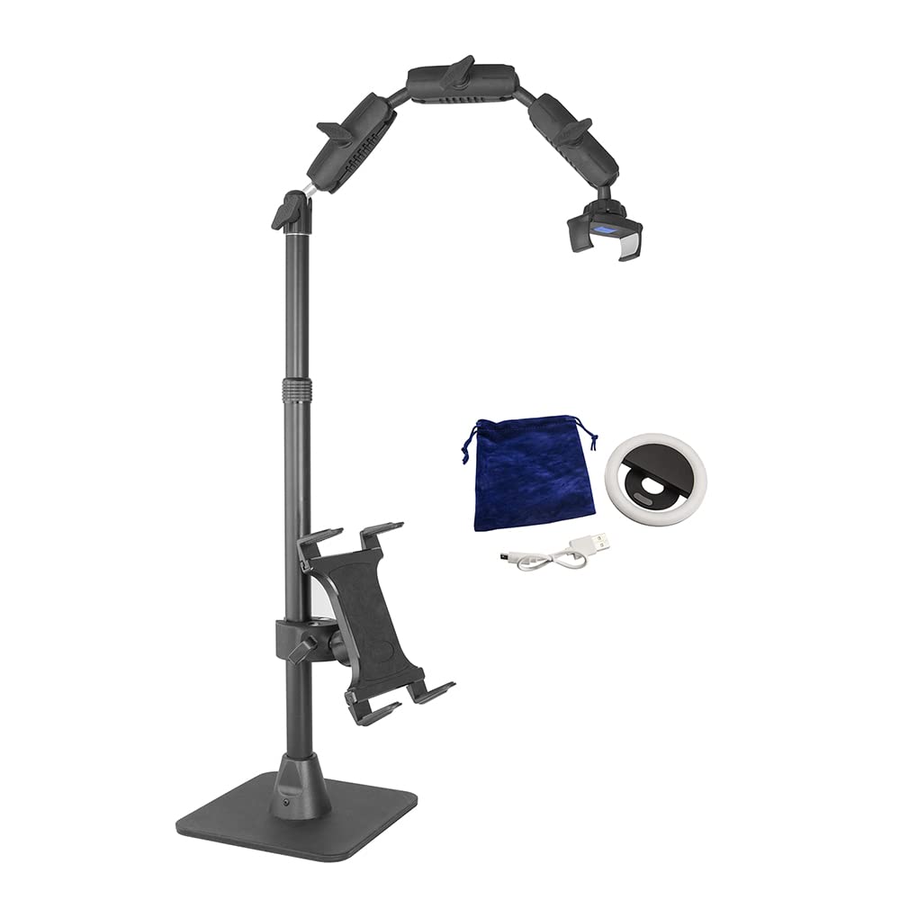 ARKON Adjustable Phone & Tablet Mount Stand with Ring Light - Full Kit for Horizontal/Vertical Filming - Overhead Arm & Table Top Holder for Professional Videos, Live Streaming & Video Calls