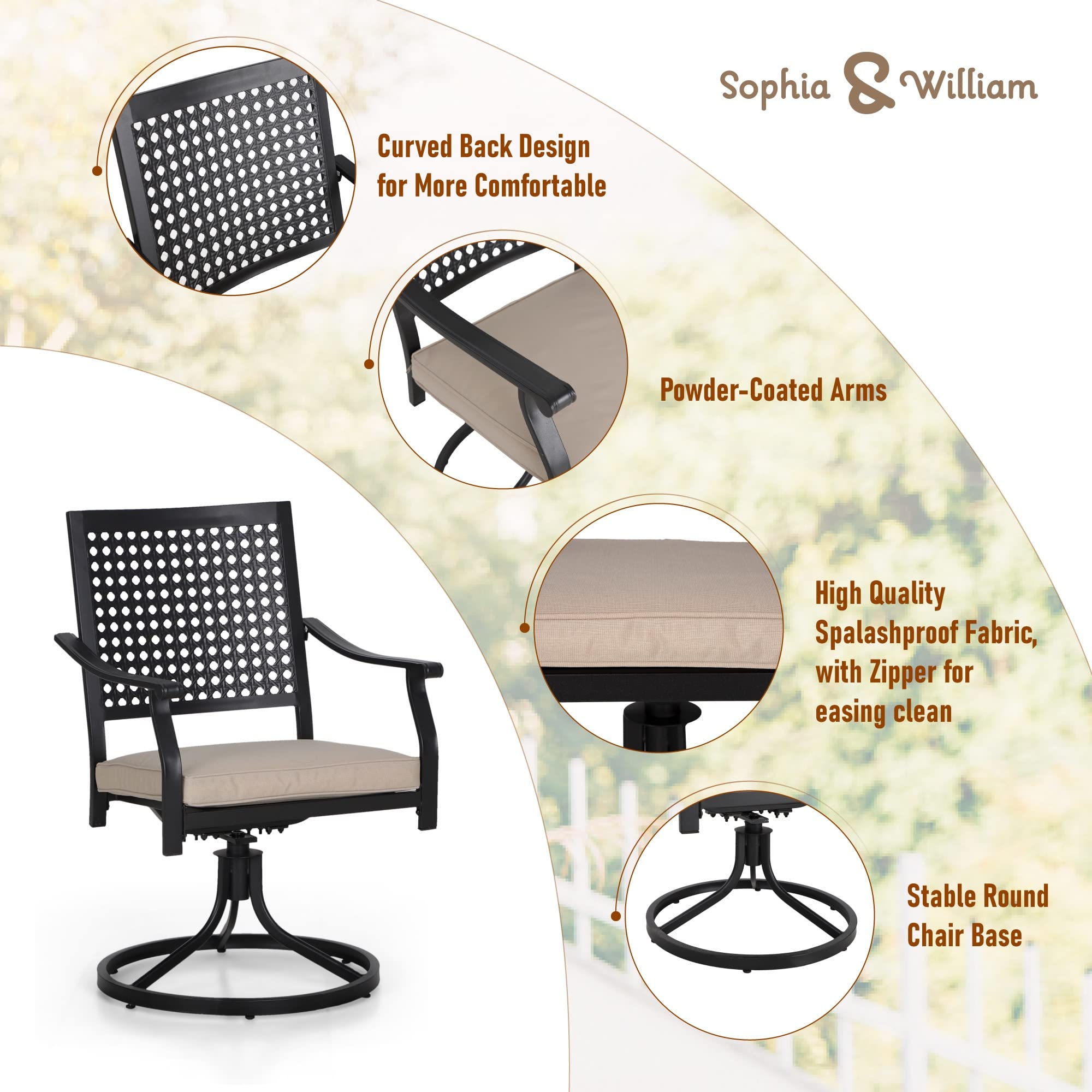 Sophia & William 3-Piece Patio Bistro Set - 2 Swivel Metal Chairs & Round Side Table for Outdoor, Garden, Balcony, Backyard | Perfect for Coffee Break, Relaxing & Small Space Dining