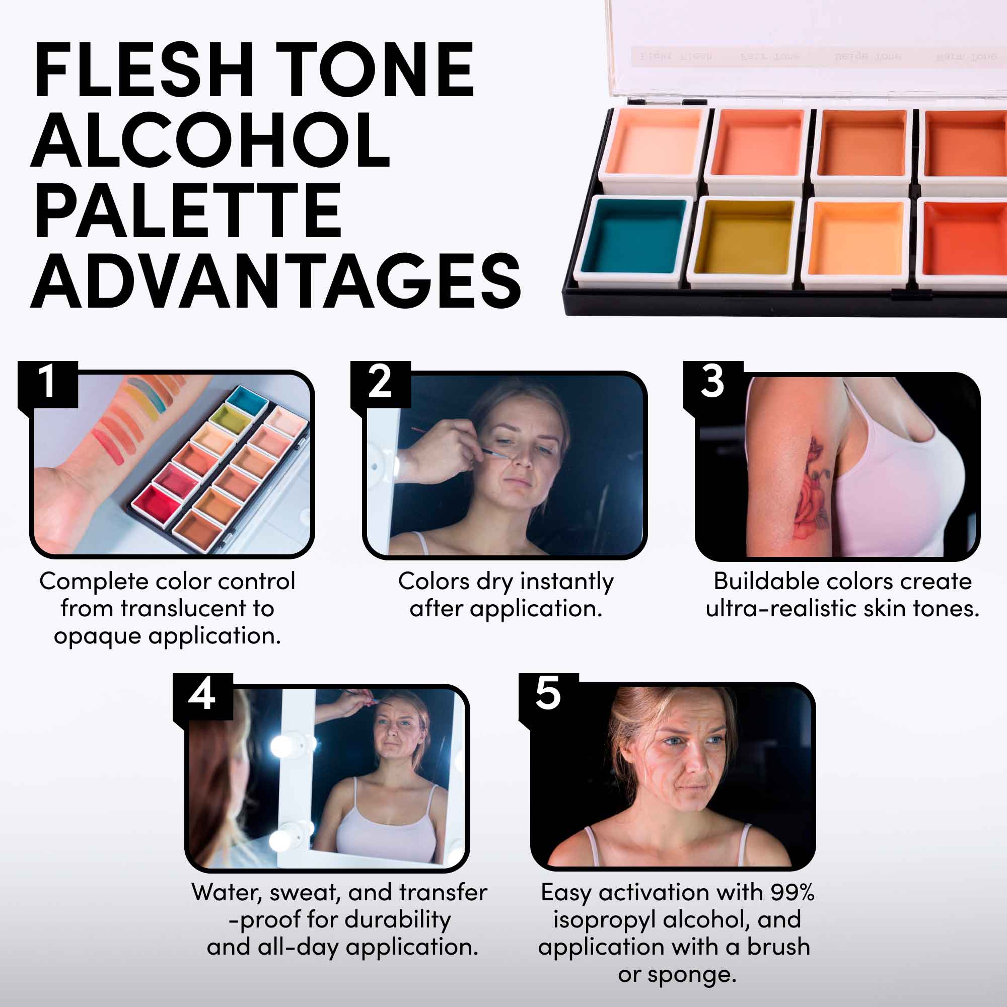 12 Color Flesh Tone Alcohol Activated Palette - Professional Makeup FX Palette for Face & Body Painting - Perfect for Halloween, Cosplay, and Special Effects Makeup Artists