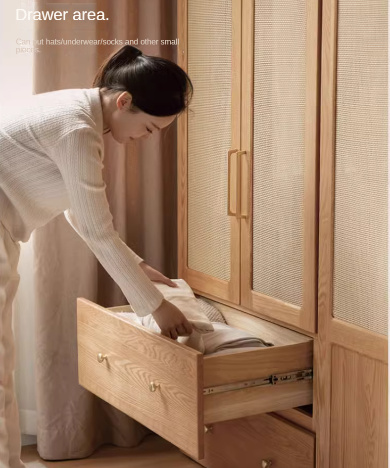 Oak Solid Wood Modular Wardrobe with Rattan Doors - Customizable Closet Storage for Bedroom & Living Room Organization