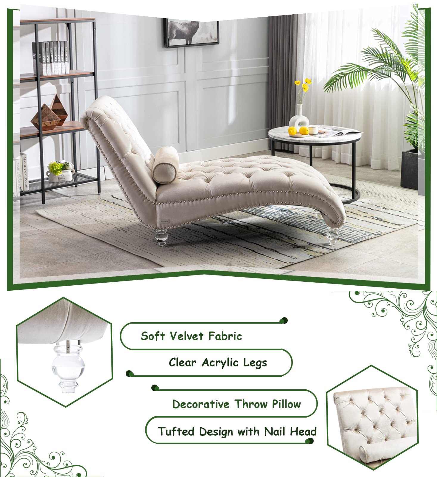 KINFFICT Velvet Chaise Lounge Chair with Toss Pillow - Modern Tufted Button Accent Chair with Sturdy Acrylic Legs - Upholstered Sleeper Chair for Living Room, Bedroom, Office or Nursery - Soft Beige Velvet Fabric - Perfect for Relaxing, Reading & Small Space Decor
