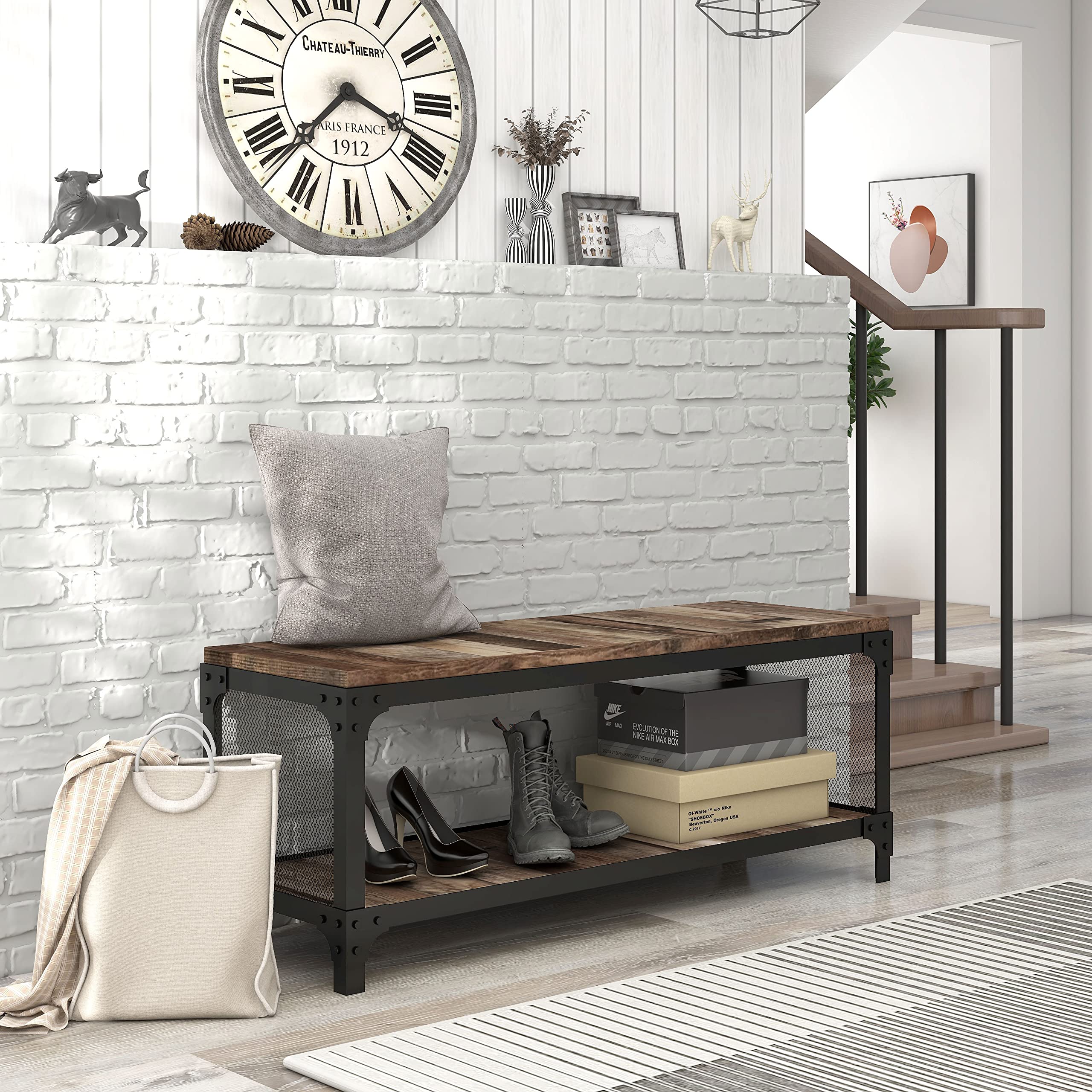 PayLessHere Entryway Storage Bench with Metal Frame & Wood Seat - Shoe Bench, TV Stand for Hallway & Living Room, Brown - Perfect for Small Space Organization & Entryway Decor