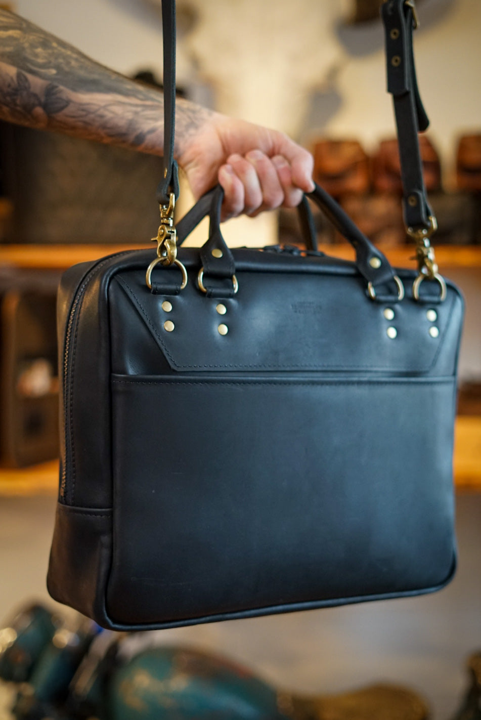 Professional Business Bag for Men & Women - Flat Black with Brush Brass Hardware - Stylish Work Tote for Office, Commute & Business Travel