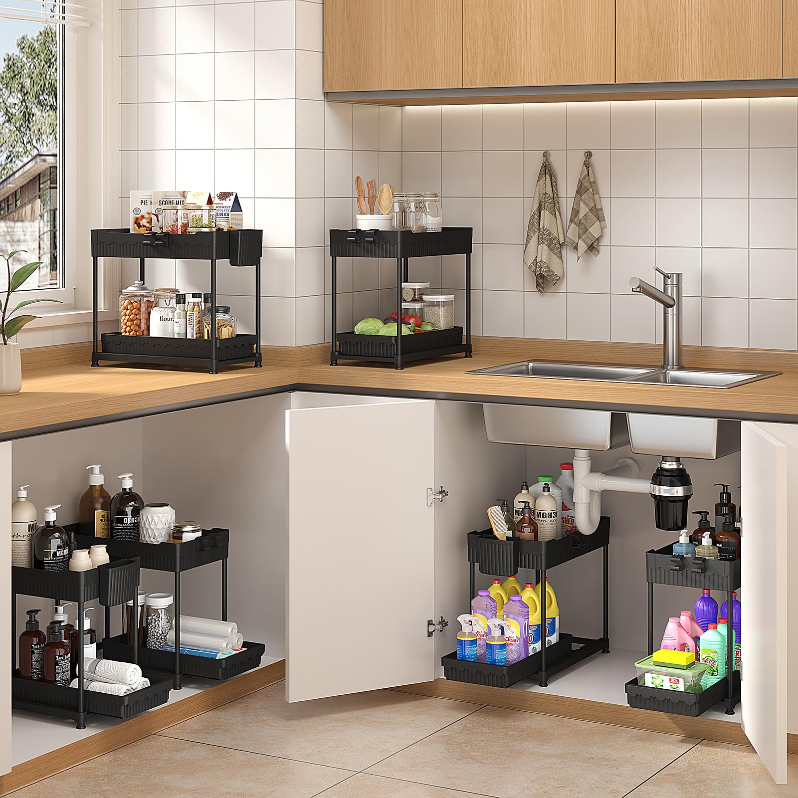 Sevenblue 3-Pack Under Sink Organizer with Sliding Drawer - 2-Tier Bathroom & Kitchen Storage Solution with Hanging Hooks & Cups (Black) - Perfect for Small Space Organization in Bathrooms, Kitchens, Laundry Rooms & Closets